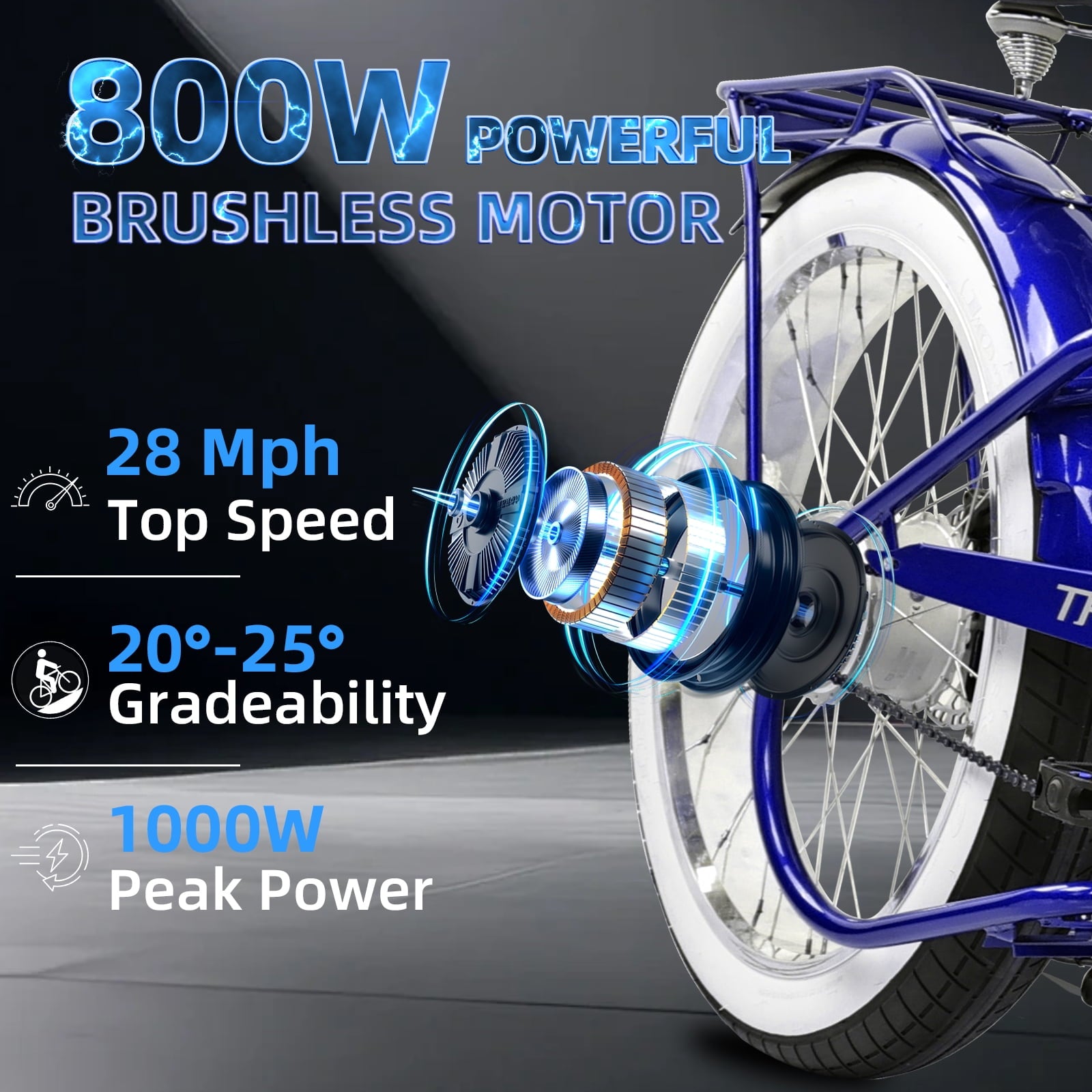 Tracer Twenty5 DS Cruiser E-bike, 26 Wheels, 800W Rear Motor, 48V/17.5Ah Battery, 5 PAS, Supsension Fork, Disc Brake, for Men, Blue Electric Bikes