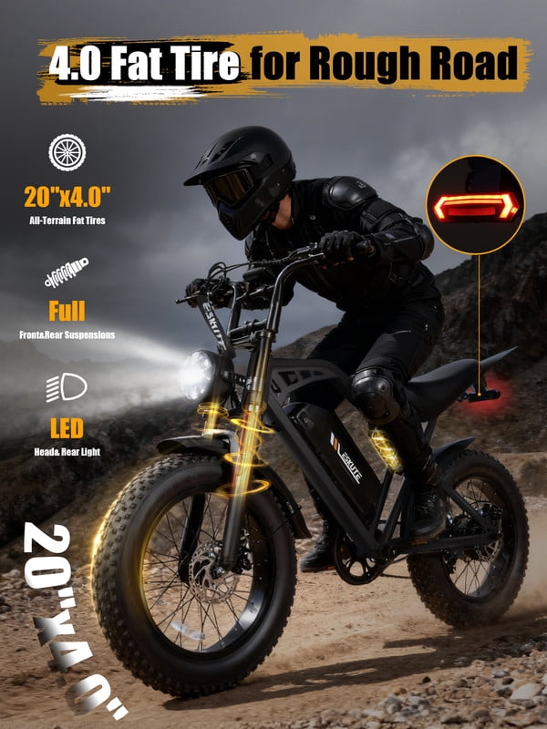 ESKUTE V200 Electric Bike for Adults, Dirt E-Bike 29MPH 48V20.8Ah Battery 80 Miles,20x4.0 Fat Tire, NFC Unlock, 7-Speed Dual Suspension, Black with Rear Rack & Footrests, UL2849 Electric Bikes