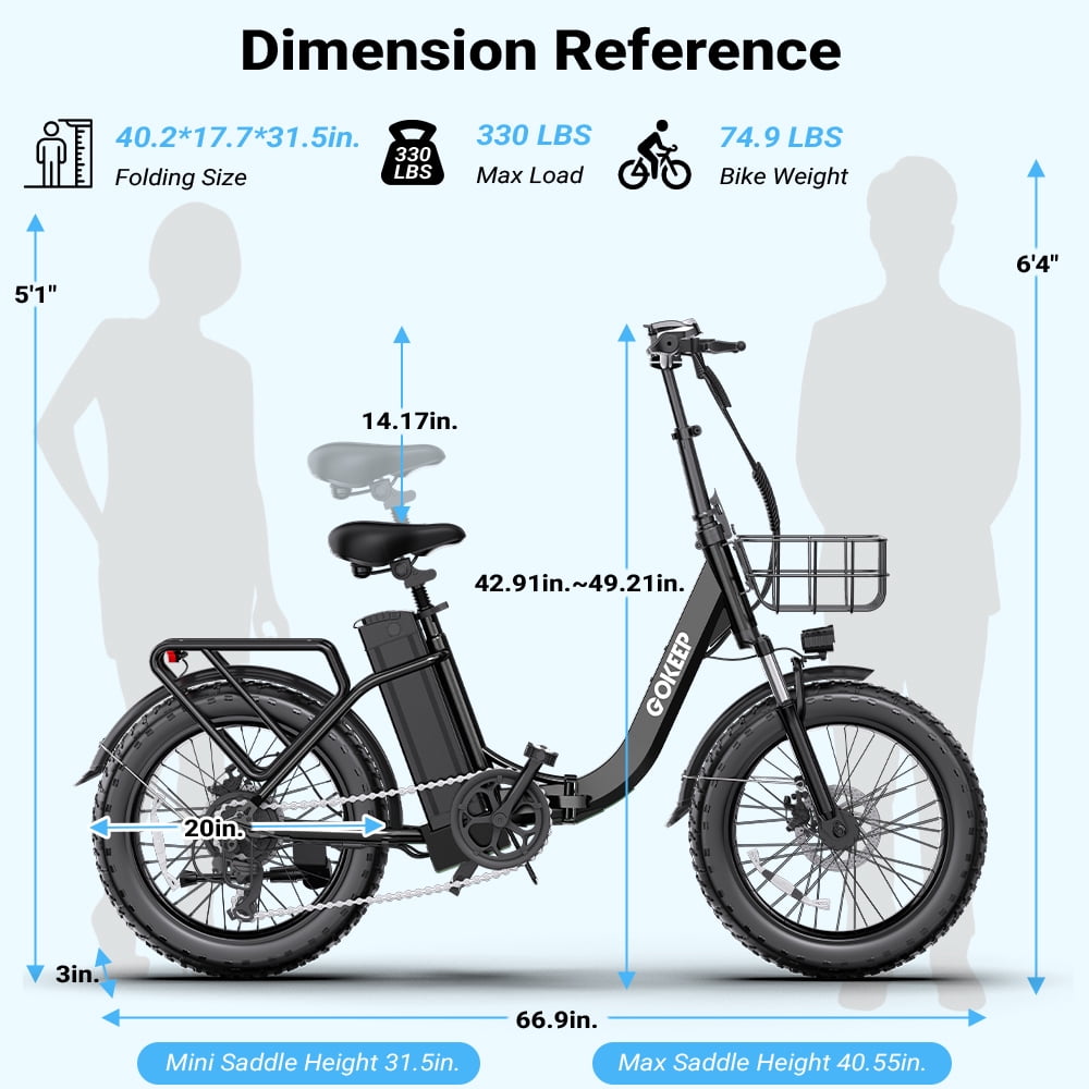 GOKEEP Folding Electric Bike for Adult, 52V 13Ah Removable Battery, 20 Fat Tire & Front Suspension Electric Bicycles, 7-Speed Commuter Ebike, UL2849, Black Electric Bikes
