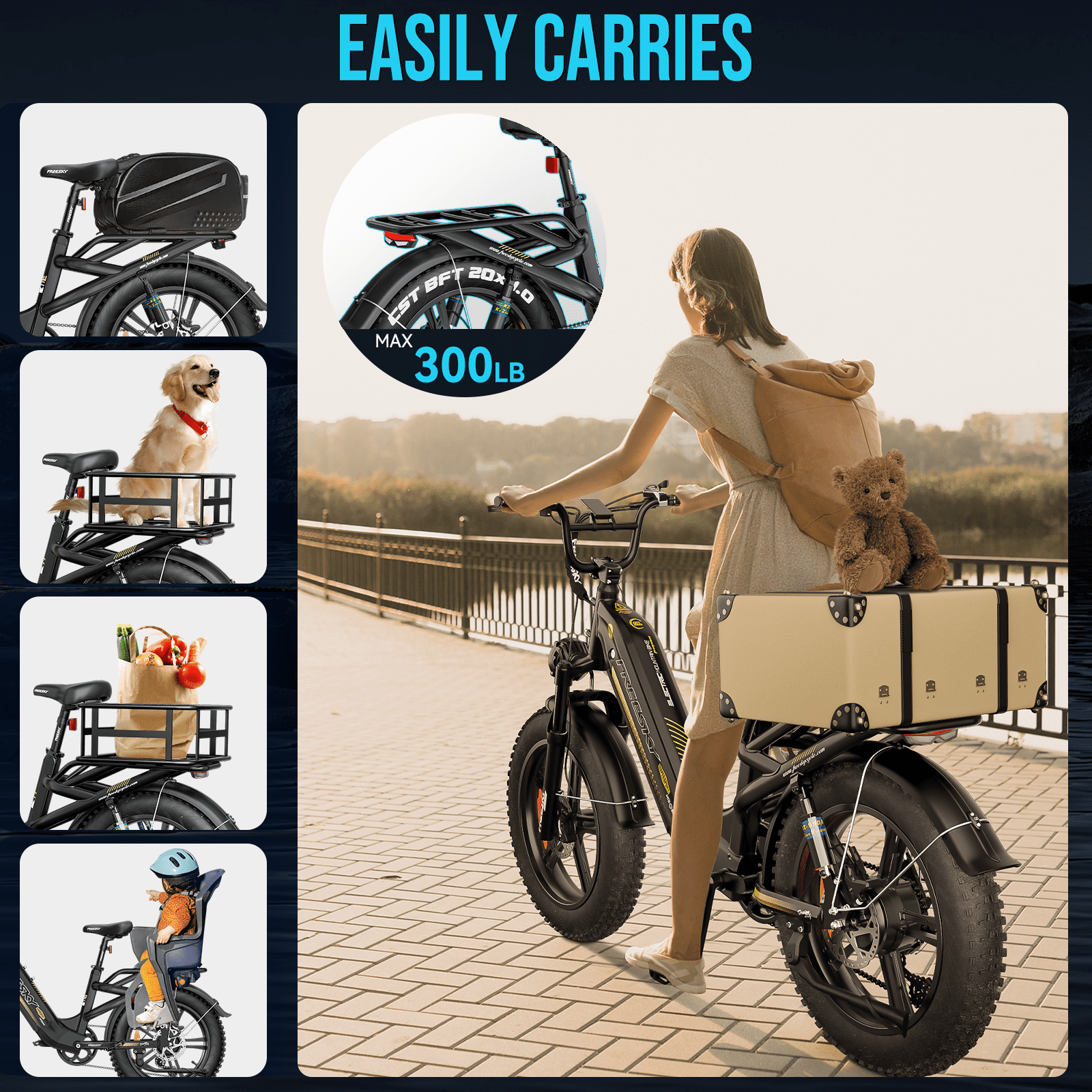 FREESKY 2026 Upgraded Rocky Pro Torque Sensor Electric Bike for Adults, 48V 25Ah Samsung Cells Battery, 105 Miles Range, 33MPH Fat Tire Step-Thru E Bike, 20 Full Suspension Cargo Bicycles, 8-Speeds Electric Bikes
