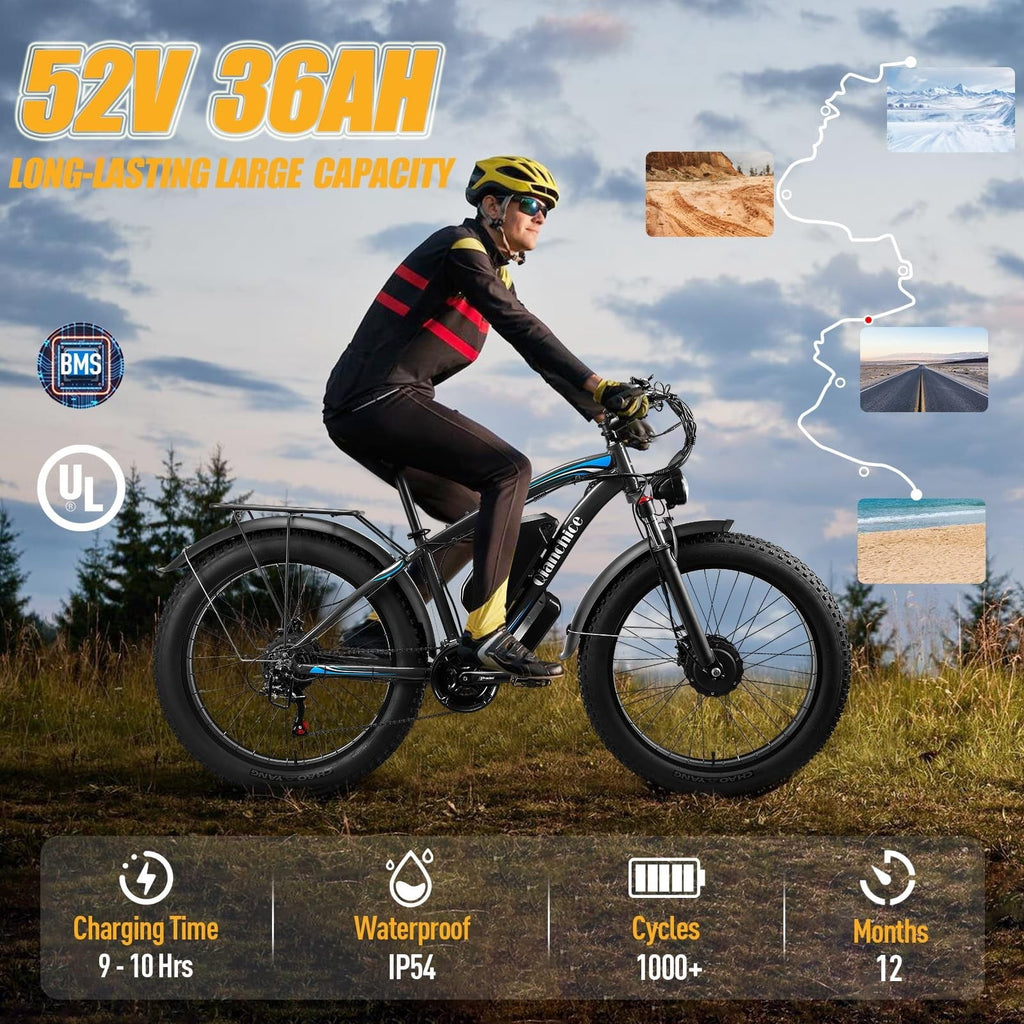 5000W Dual Motor Electric Bike for Adults, 26 Fat Tire Electric Mountain Bicycle, 52V 36Ah Removable Battery, 21 Speed Full Suspension All-Terrain Ebike, UL2849 Electric Bikes