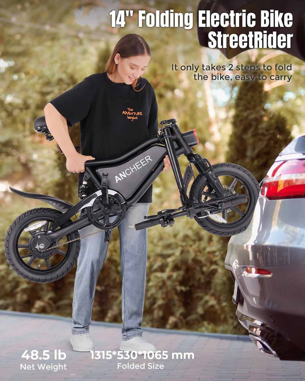 ANCHEER Peak 500W Electric Bike for Adults, Foldable Electric Bikes with 48V 374Wh Battery, 14 Electric Bicycle for Men Women, LCD Digital Display, Cruise Control Ebikes, Dual Suspension Fork UL2849 Electric Bikes