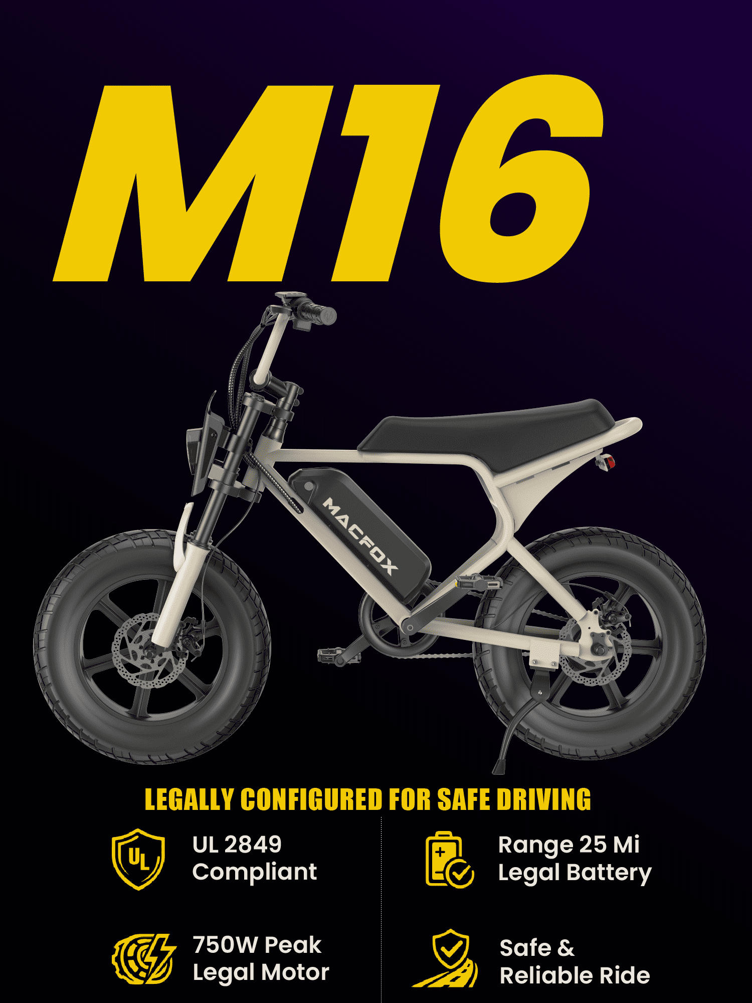 MACFOX M16 Electric Bike for Teens, 500W Motor, 20 MPH Top Speed, 25-Mile Range, 16x4.0 Fat Tires, Removable 48V Battery, Fits Riders 3'11 and Up, City & School Commuter E-Bike（Yellow） Electric Bikes