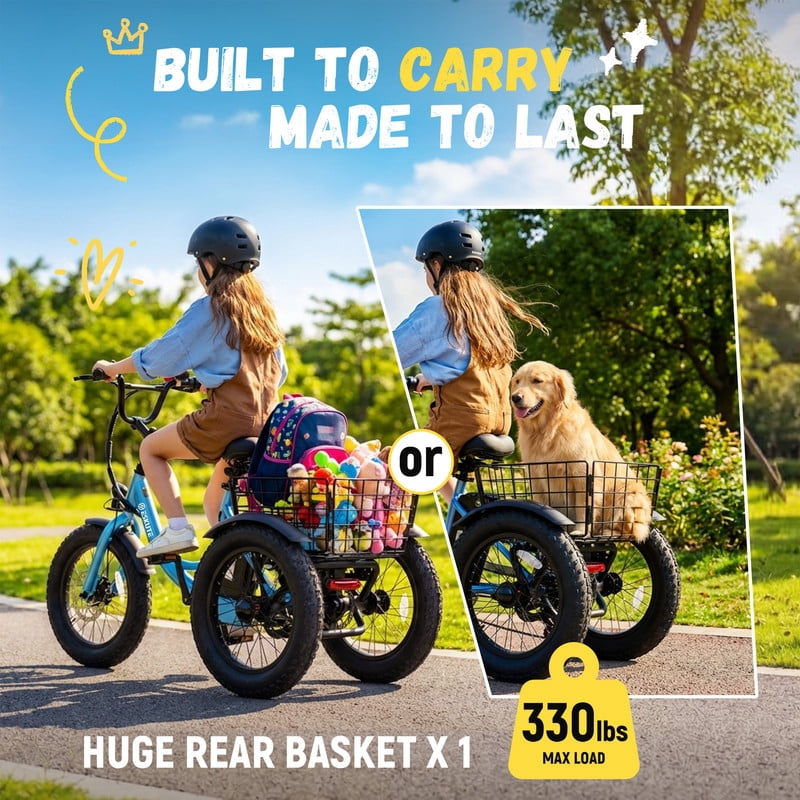ESKUTE T300mini Electric Tricycle for Beginners, 16 x 3.0 Fat Tire Folding 3-Wheel E-Bike, 500W Peak Motor, 302Wh Battery, Step-Thru, 12.5 MPH, Blue, UL2849 Electric Bikes