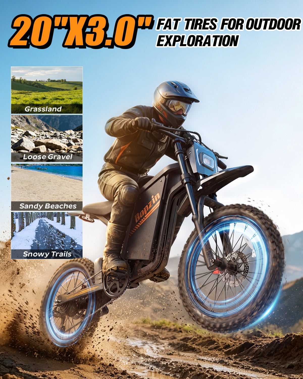 Bopzin Electric Dirt Bike for Adults, App&Anti-Theft, 60V 25Ah Up to 100 Miles, Peak 3000W 20x3.0 Fat Tire Electric Bike,Tested Under UL2849 Electric Bikes