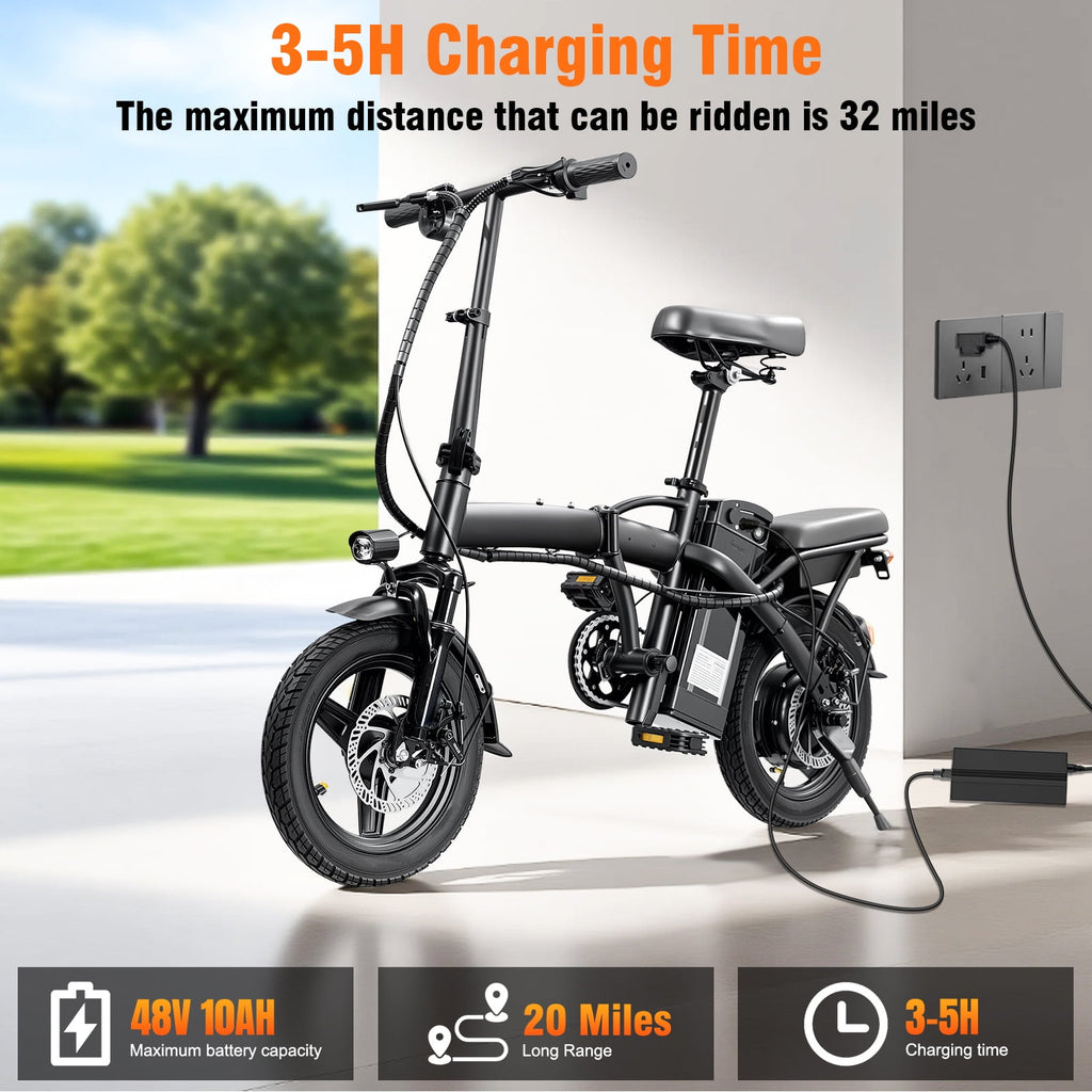 14 Inch Foldable Adult Electric Bicycle, 48V 10Ah 400W Motor, 3-Speed Gearing, Dual Spring Shock Absorbers, Front and Rear Led Safety Lights, Portable Design Electric Bikes