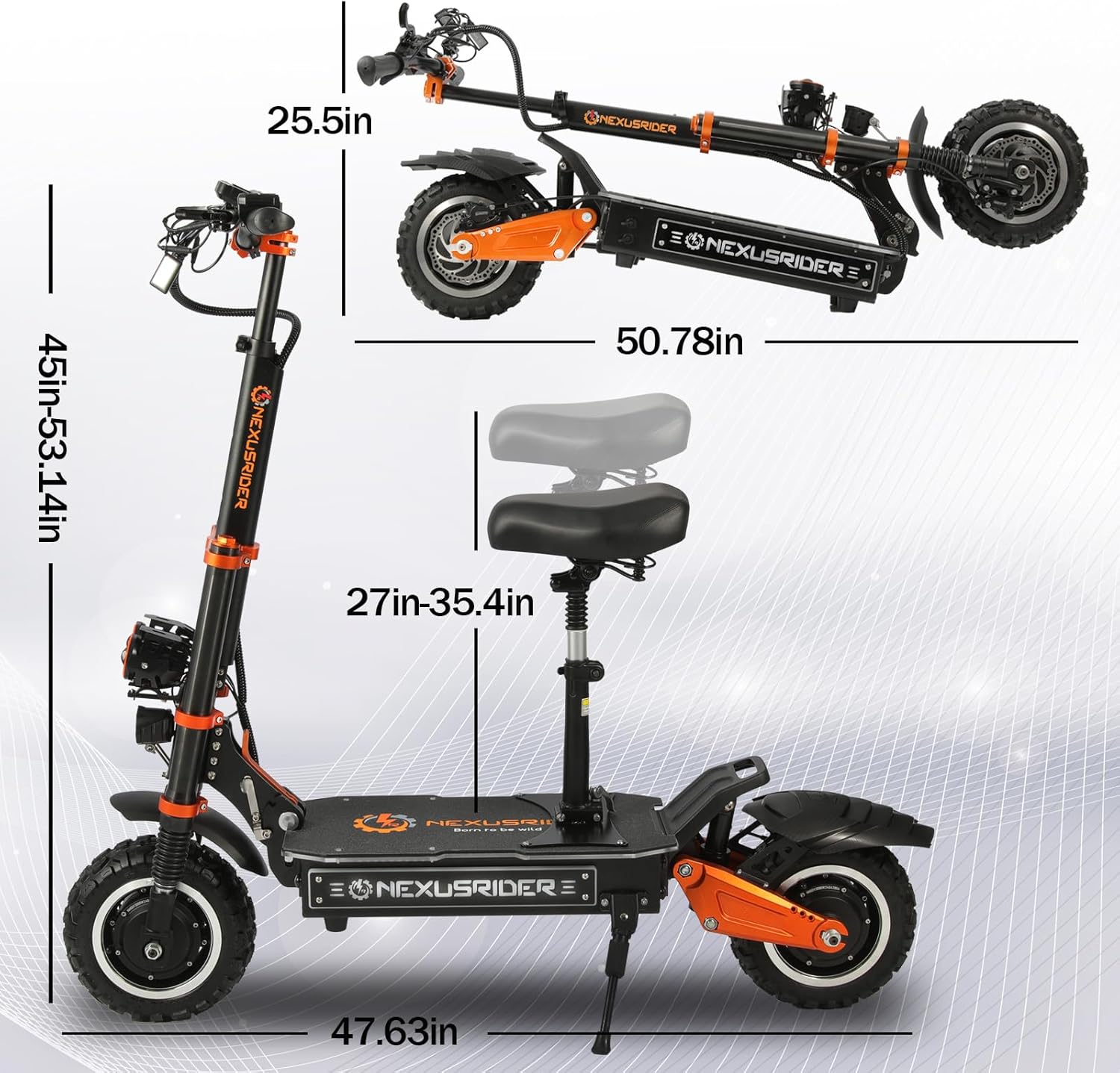 Adults Electric Scooter 6000W Dual Motor Up to 58 mph, 60 Miles Range, 60V35Ah Battery, C-Type Dual Suspensions 11 All Terrain Tires Adjustable Handlebar, NFC and Detached Seat, Foldable, Sport Electric Bikes