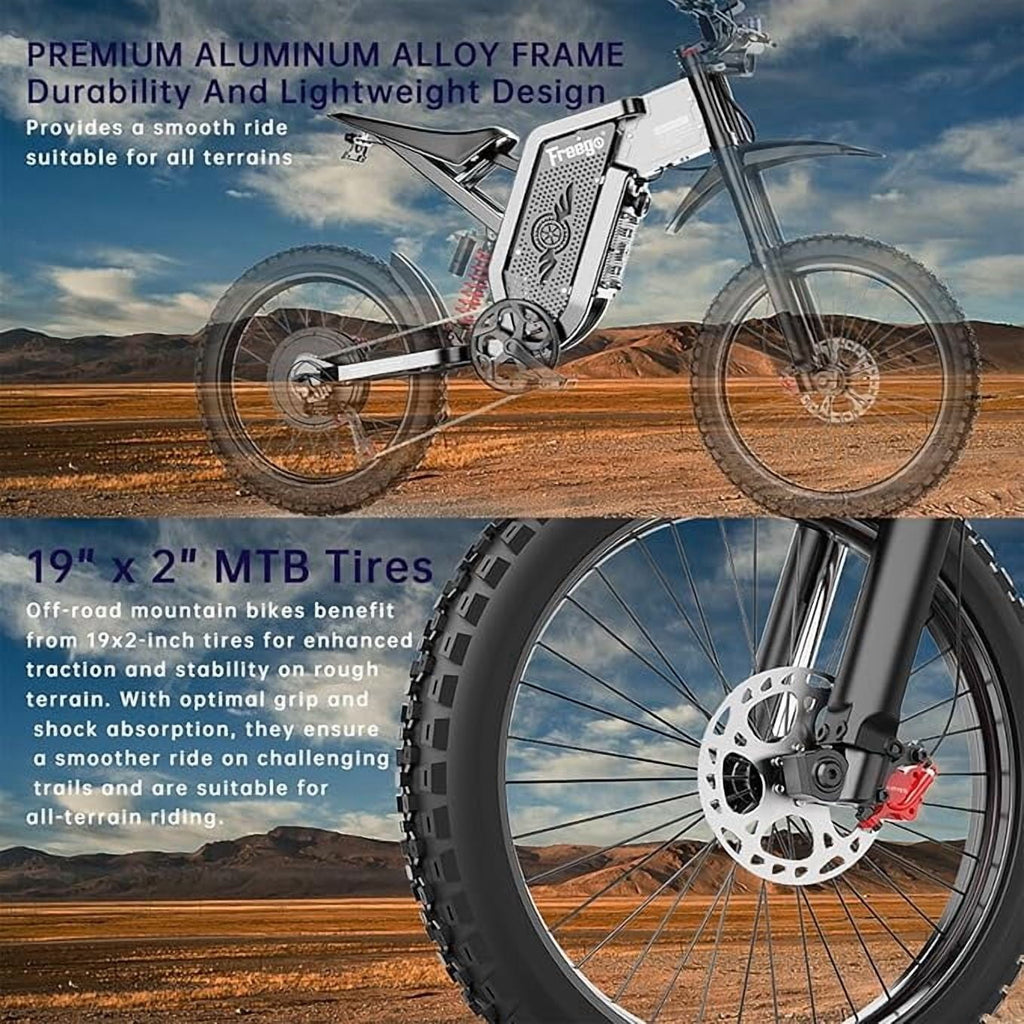 Freego X2Pro 6000W(Peak)Motor 60V 30Ah Battery Electric Motorcycle for Adults,Electric Dirt Bike Teens ,50MPH Off Road Electric Bicycle,19x2 Full Suspension/Four-Piston Hydraulic Brake UL2849 Electric Bikes