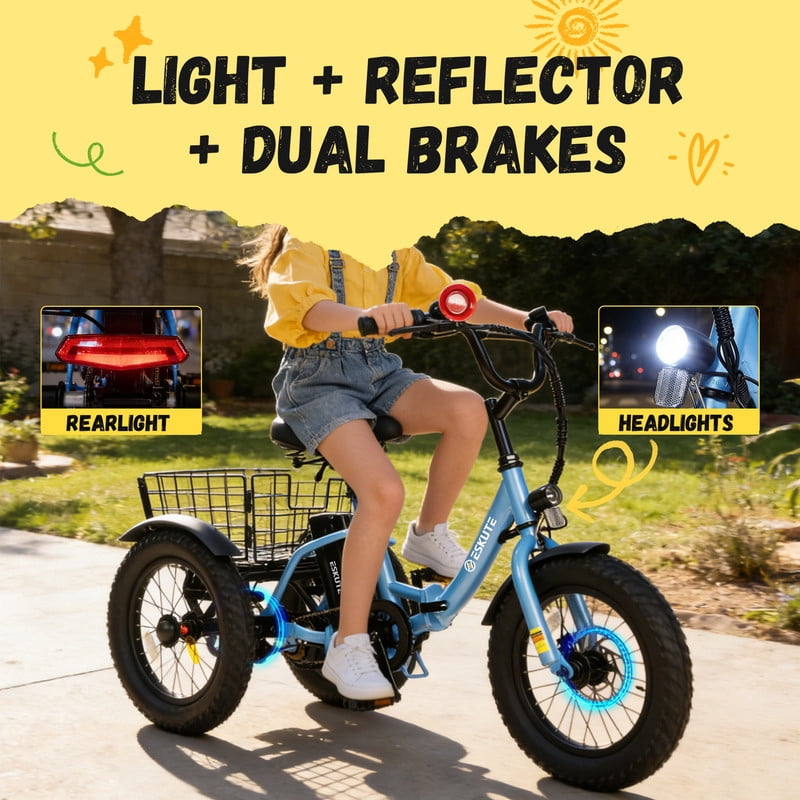 ESKUTE T300mini Electric Tricycle for Beginners, 16 x 3.0 Fat Tire Folding 3-Wheel E-Bike, 500W Peak Motor, 302Wh Battery, Step-Thru, 12.5 MPH, Blue, UL2849 Electric Bikes