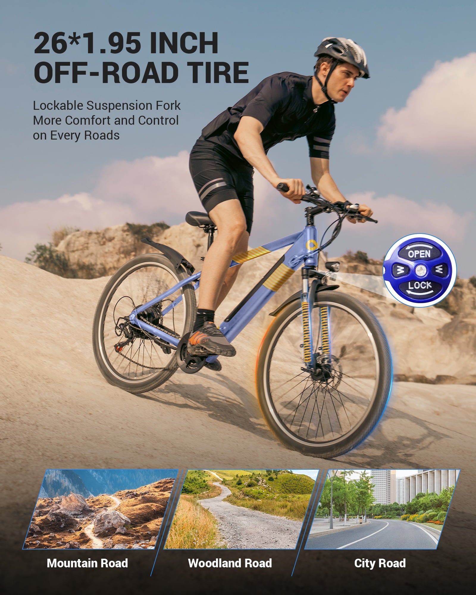 MIHOVER 26 Electric Bike for Adults 750W Peak 20MPH, 48V Removable Battery 40 Miles, Shimano 21-Speed Adjustable Fork，UL2849 City & Light Off-Road E-Bike with Lock-Blue Electric Bikes