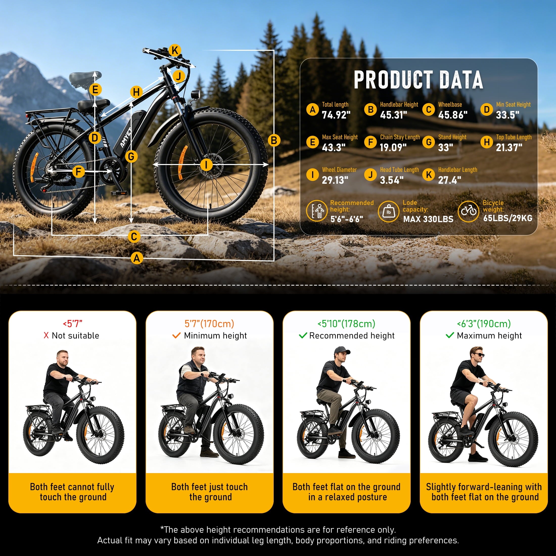 AMYET EB26 Electric Bike for Adults, Peak 1500W 48V 15Ah, 26 Fat Tire Ebike, E-Mountain Bicycle, UL2849 Electric Bikes