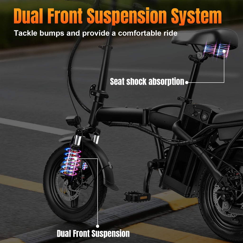 14 Inch Foldable Adult Electric Bicycle, 48V 10Ah 400W Motor, 3-Speed Gearing, Dual Spring Shock Absorbers, Front and Rear Led Safety Lights, Portable Design Electric Bikes