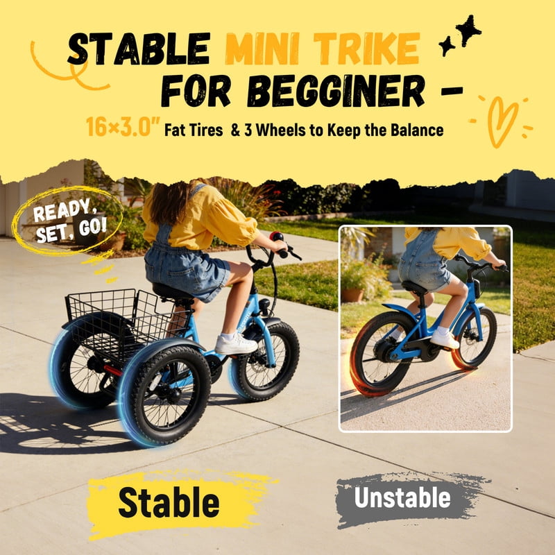 ESKUTE T300mini Electric Tricycle for Beginners, 16 x 3.0 Fat Tire Folding 3-Wheel E-Bike, 500W Peak Motor, 302Wh Battery, Step-Thru, 12.5 MPH, Blue, UL2849 Electric Bikes