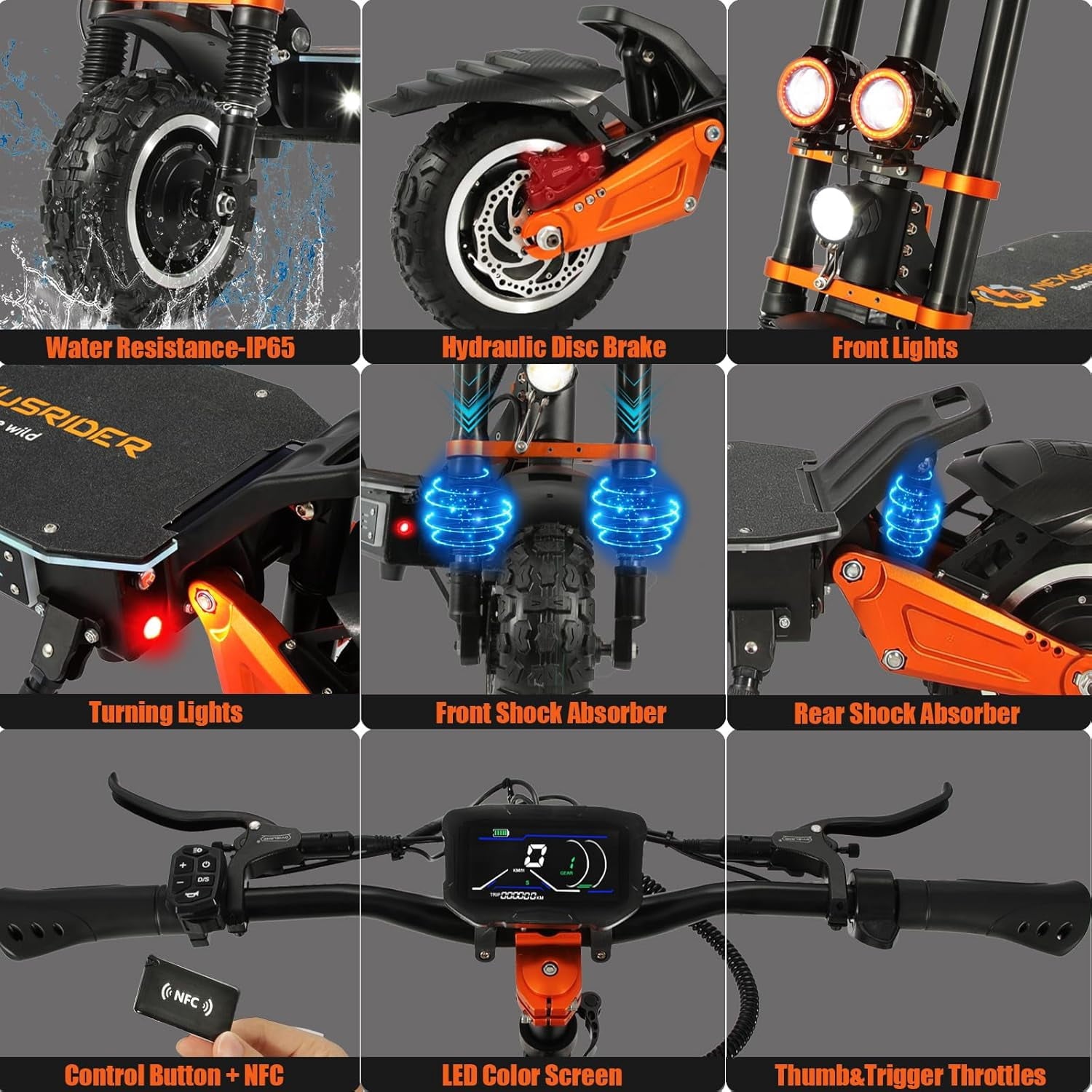 Adults Electric Scooter 6000W Dual Motor Up to 58 mph, 60 Miles Range, 60V35Ah Battery, C-Type Dual Suspensions 11 All Terrain Tires Adjustable Handlebar, NFC and Detached Seat, Foldable, Sport Electric Bikes