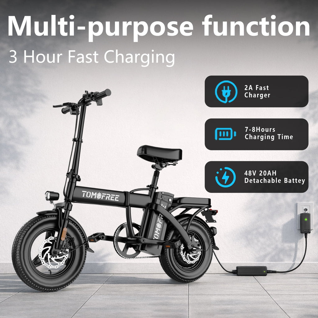 Folding Electric Bike 48V 20AH Removable Battery 20-25MPH 14''x 2.1'' Tire, 25-35miles PAS, Front/Full Suspension, 200lbs Load Ebike for Adult, Adult Electric Bicycles for Commute Electric Bikes
