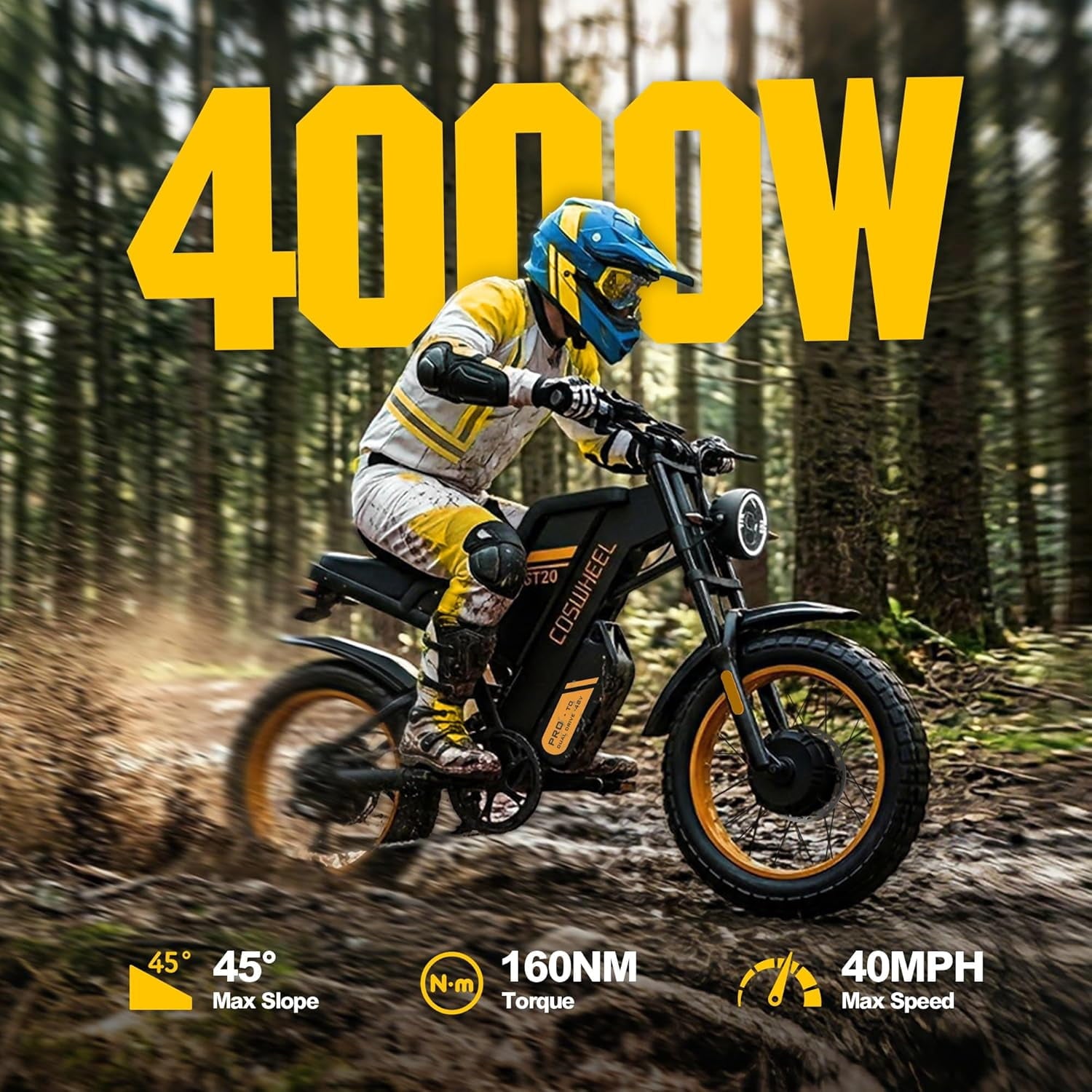 Coswheel GT20 Pro 4000W Electric Dirt Bike for Adults,40 MPH 48V 40Ah Battery Up to 145 Miles, 20 x 4 Fat Tire Full Suspension, Dual Hydraulic Disc Brake E-Bike UL2849 Electric Bikes