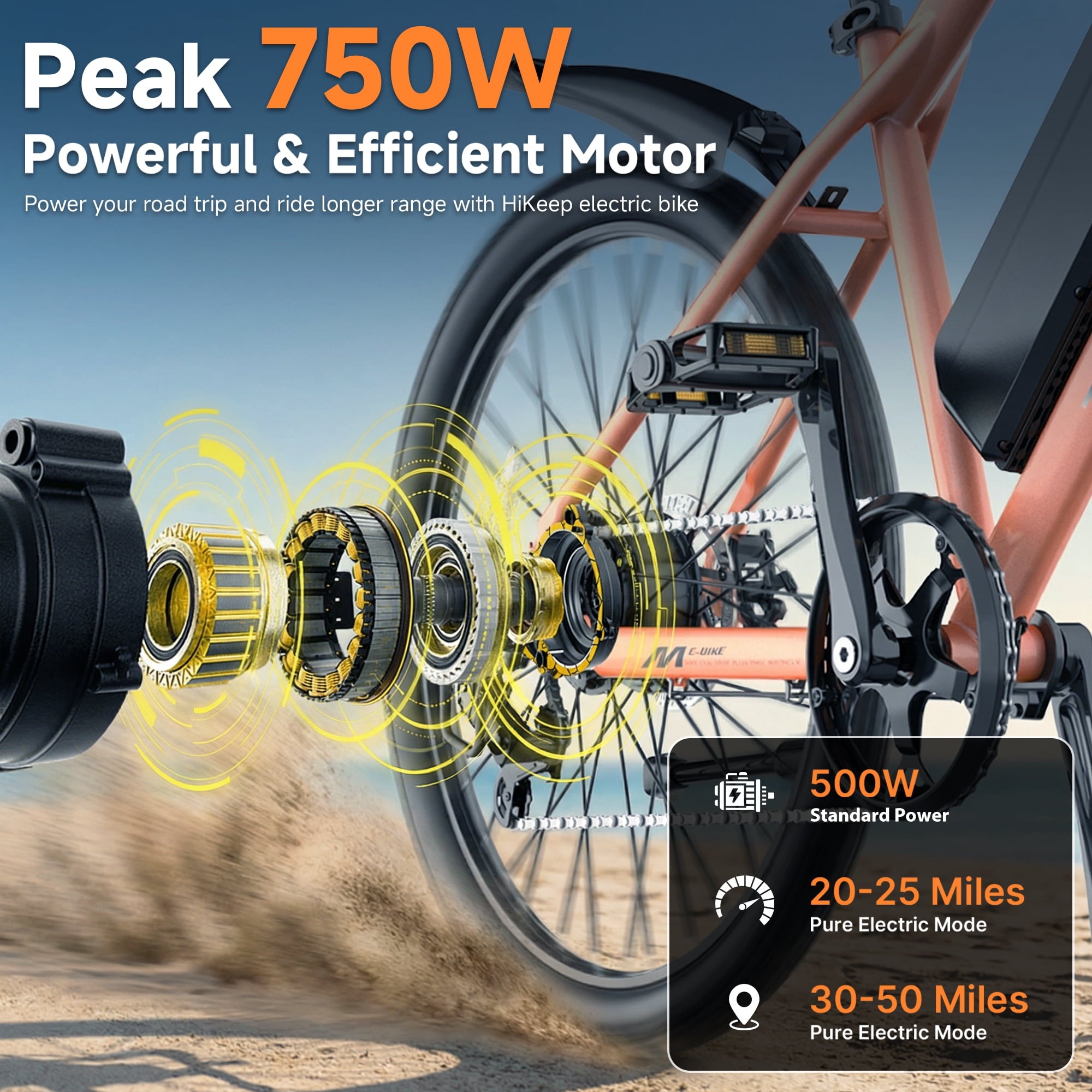 HeloKeep M2601 Electric Bike for Adults, 500W Motor, 48V 375Wh Removable Battery, 26 Puncture-Resistant Tires, 20MPH 7-Speed Ebike with Front Suspension & Disc Brakes, UL2849, Orange Electric Bikes