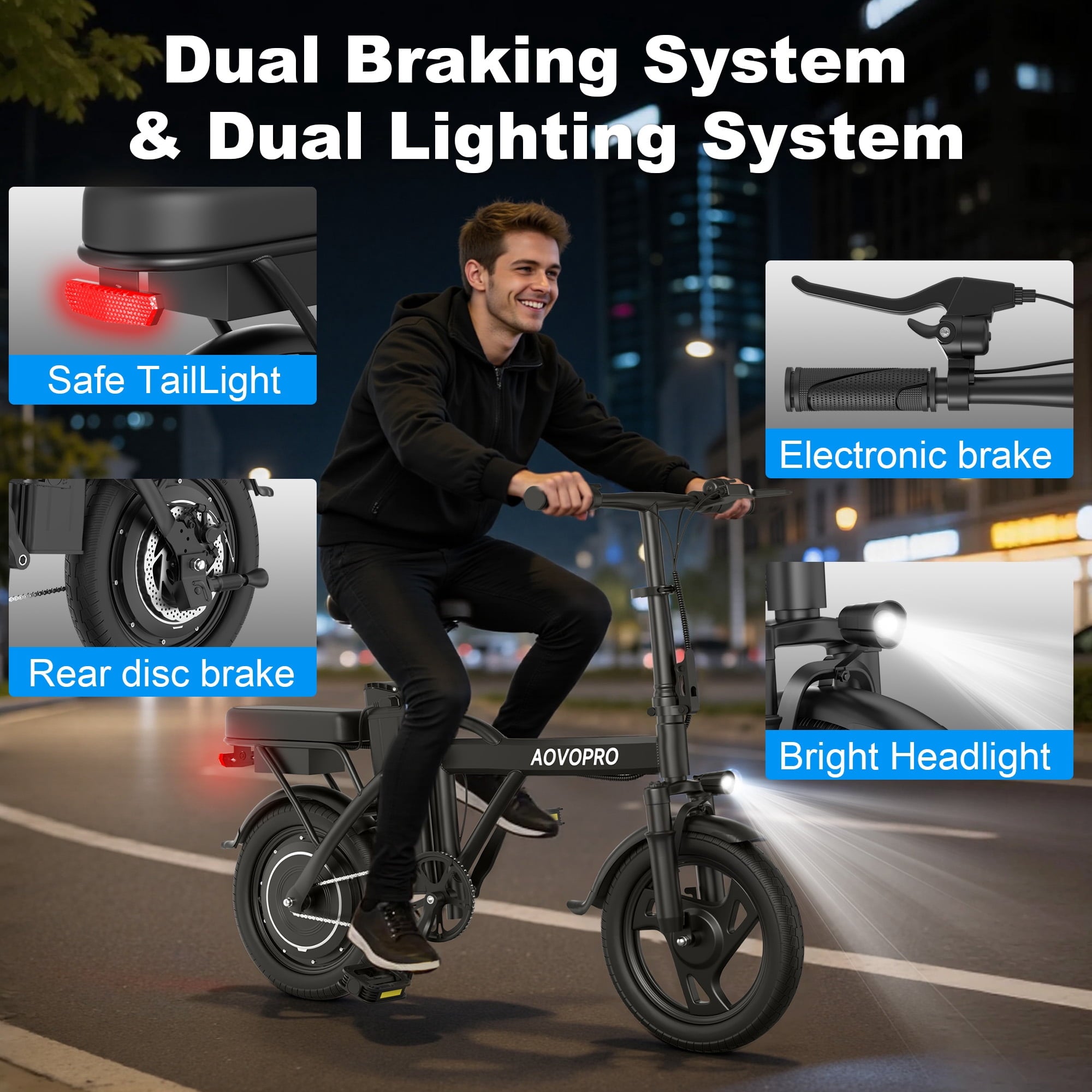 AOVOPRO AHT14 Electric Bike 500W 48V, 14' Mini Ebike for City Commuter, Electric Bicycle for Adult with Two Seats UL2849 Electric Bikes
