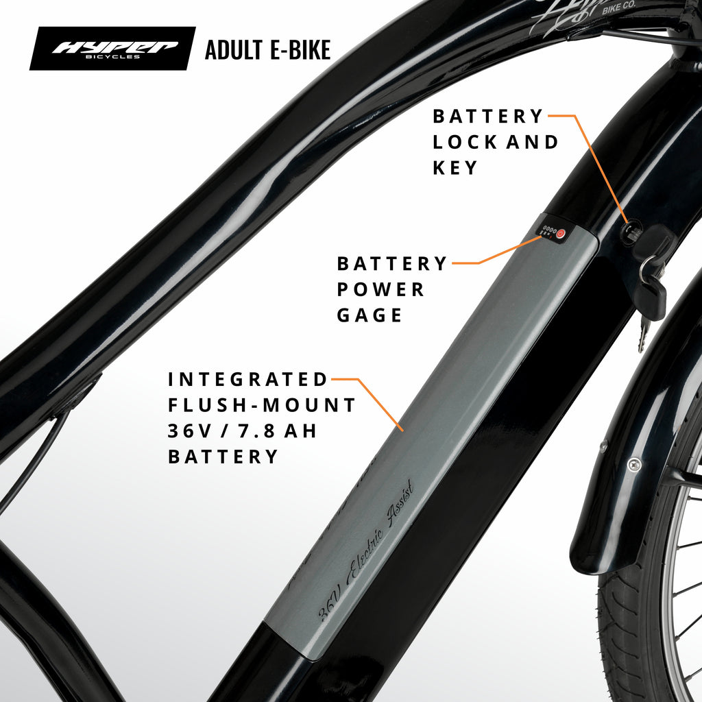 Hyper Bicycles 26 36V Men's Electric Cruiser E-Bike with Pedal-Assist, 250W Motor, Black Electric Bikes