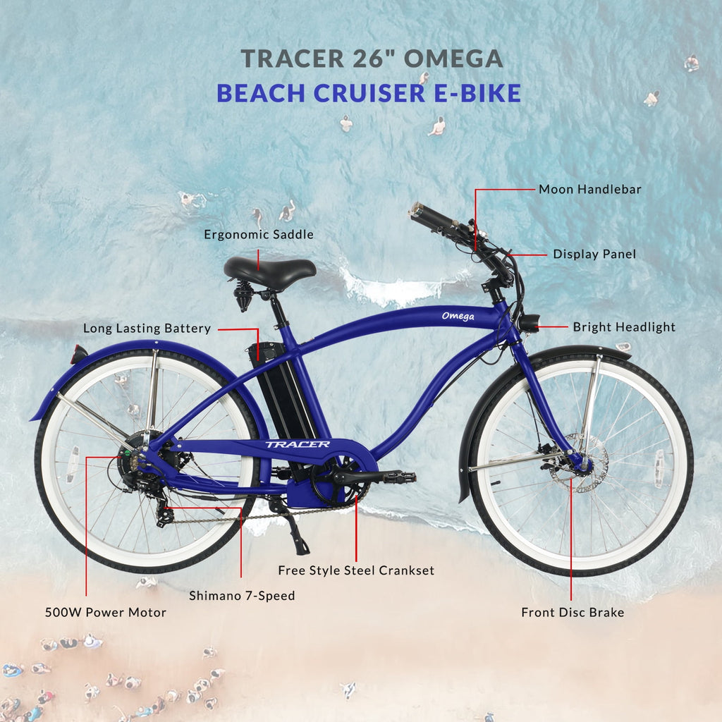 Tracer Omega 26 Electric Bike, 500W Rear Motor, 7-speed, 25mph,  48V/14Ah, 30 to 45 Miles, 5-level PAS, Disc Brake, for Men, Blue UL2849 Electric Bikes