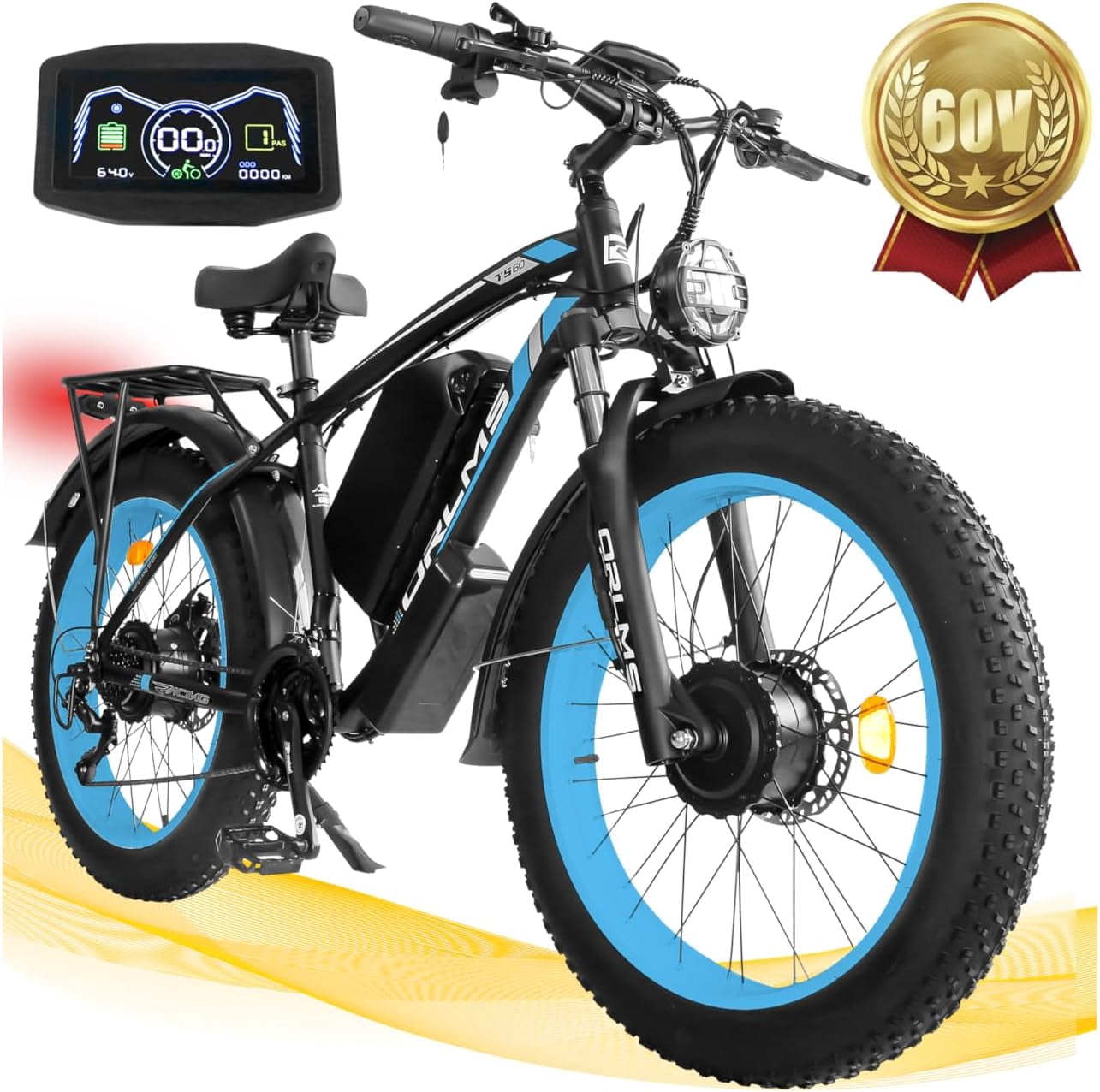 5000W (Peak) Electric-Bike, 60V 25AH Battery Electric Bike for Adults, Dual-Motor-Ebike 45MPH Ebike, 26*4.0 Fat Tire Ebike, AWD 21-Speed E-Mountain Bicycle for Off-Road Snow Sand UL 2849 Electric Bikes