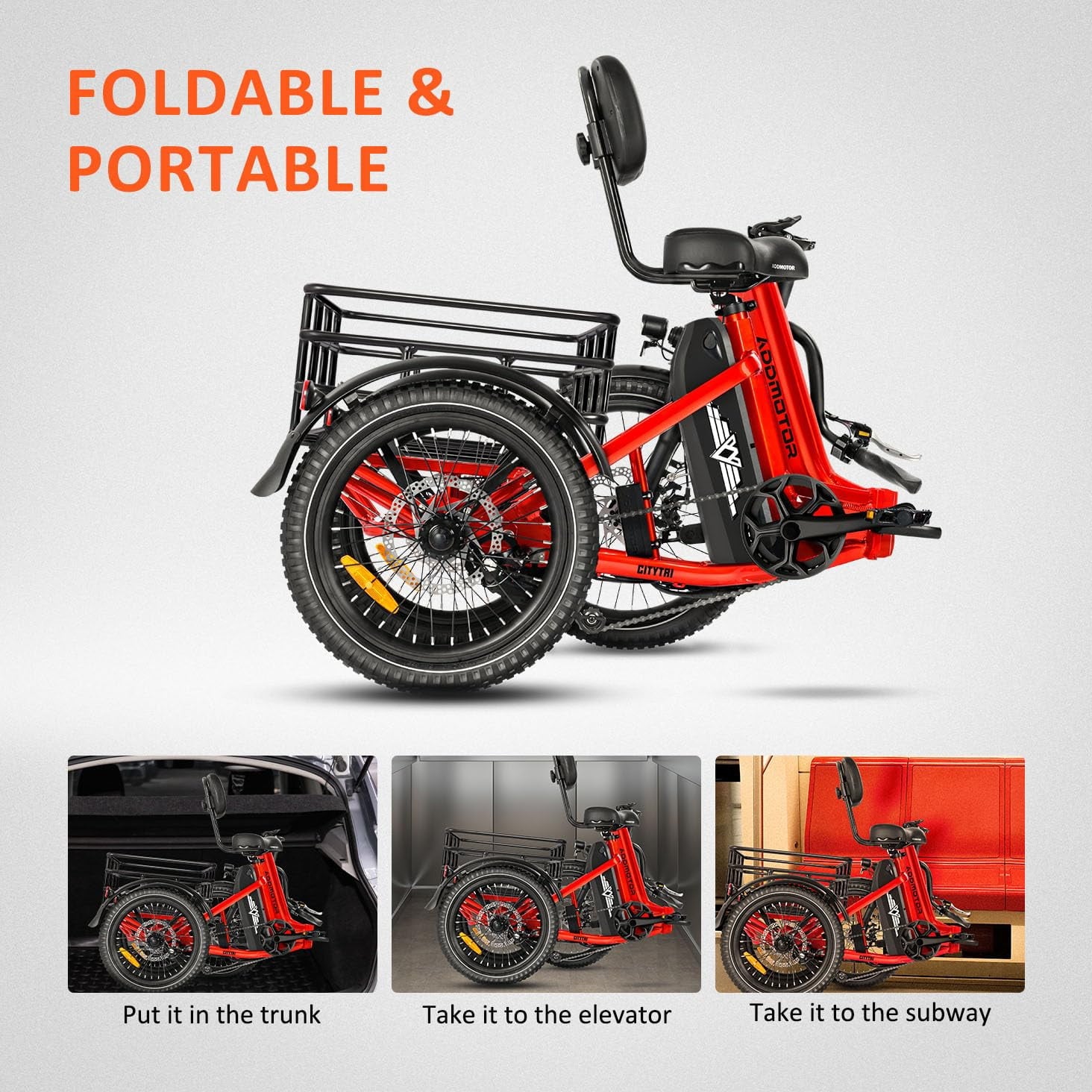 Addmotor CITYTRI E-310 PLUS Folding Electric Trike, 90MI Electric Tricycle for Adults, 750W 48V 20Ah 3 Wheel Electric Bikes, Step-Thru Etrike, Differential, Parking Brake Electric Bikes