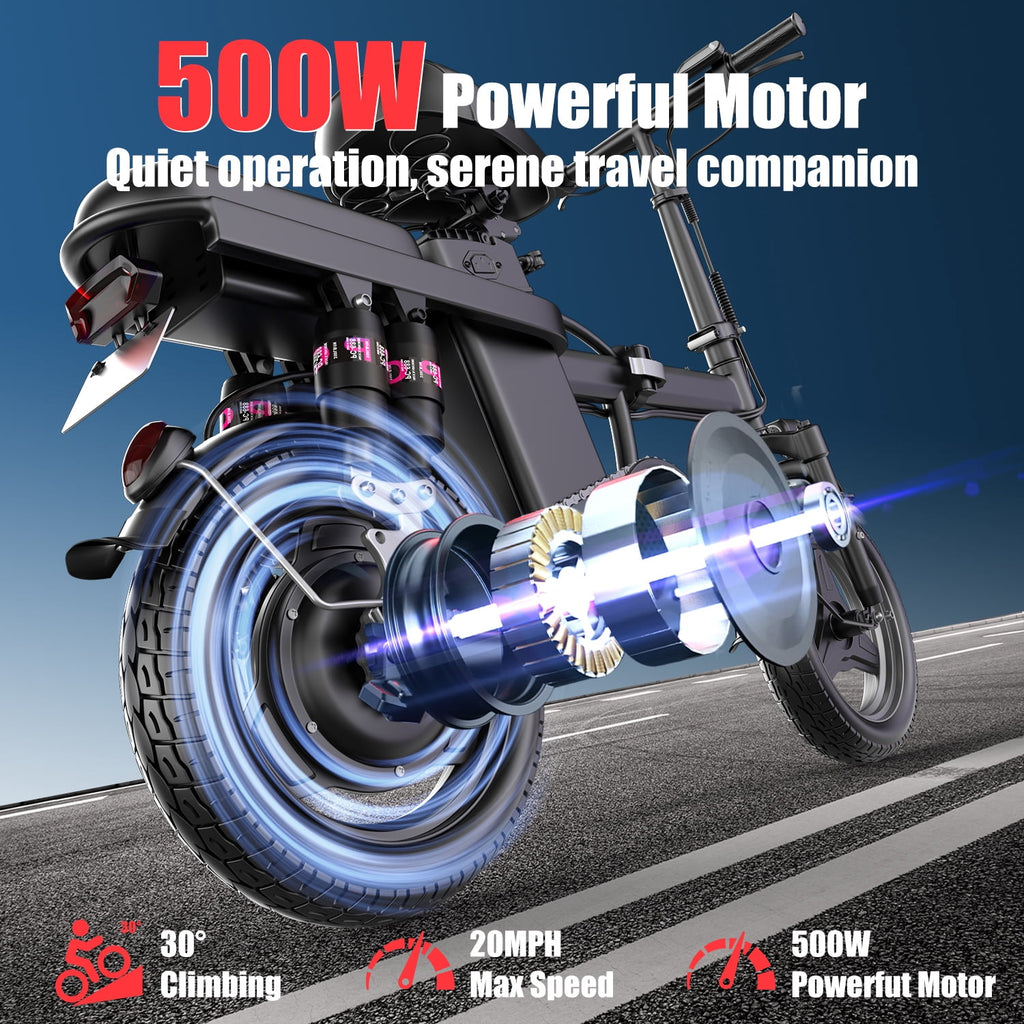 Electric Bike for Adults,  Electric Bicycle with 48V Removable Battery,14 Folding Ebike, 20MPH,30+ Miles(MAX),500W High Motor,Multi-Shock Absorption,UL 2849,Commuting Mini E Bikes Electric Bikes