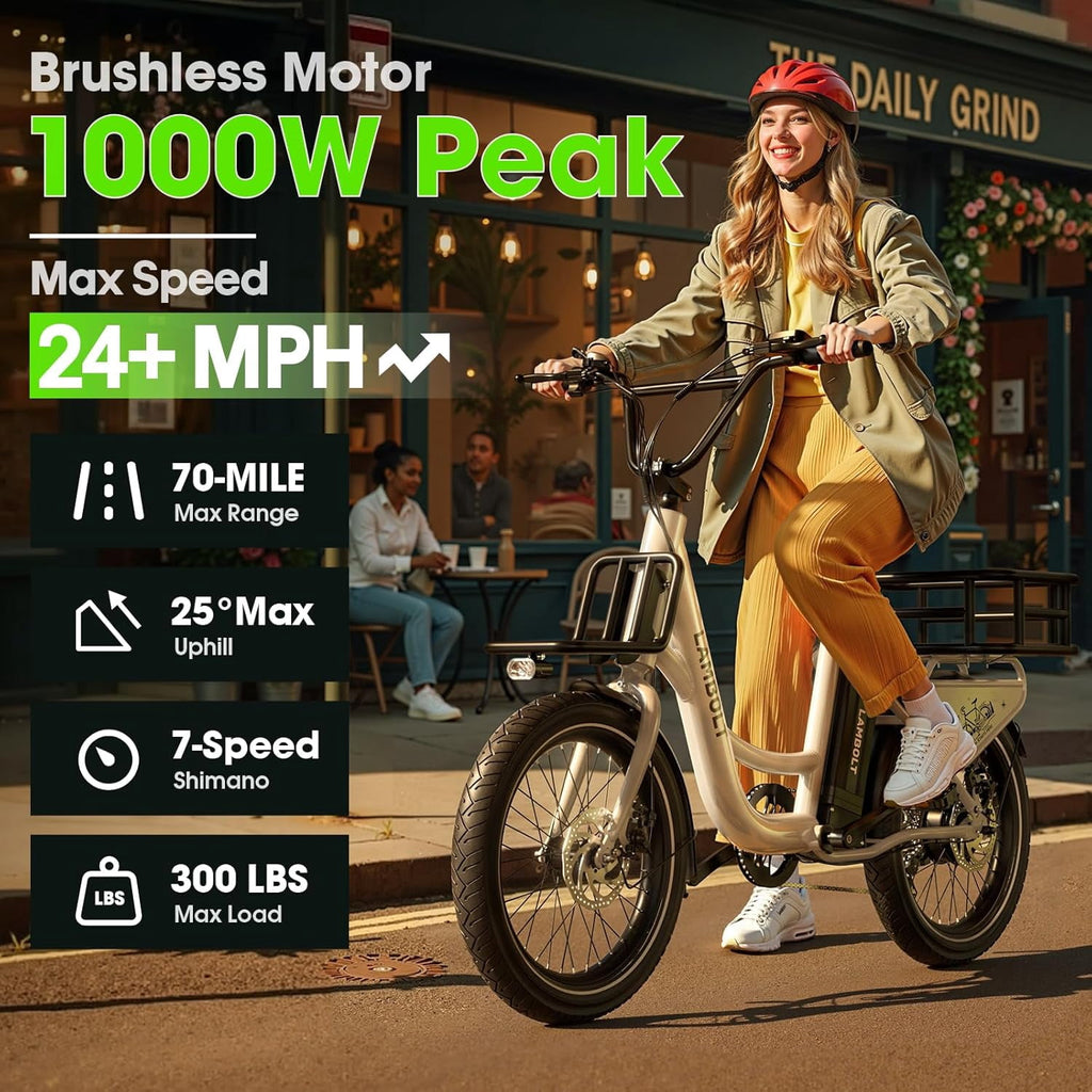 Electric Bike for Adults 1000W Peak Motor Ebike with 48V15Ah Removable Battery 20 x 3.0 Fat Tire Step-Thru 7-Speed Commuter Electric Bicycle Up to 24 MPH 70 Miles Range UL 2849 Certified Electric Bikes