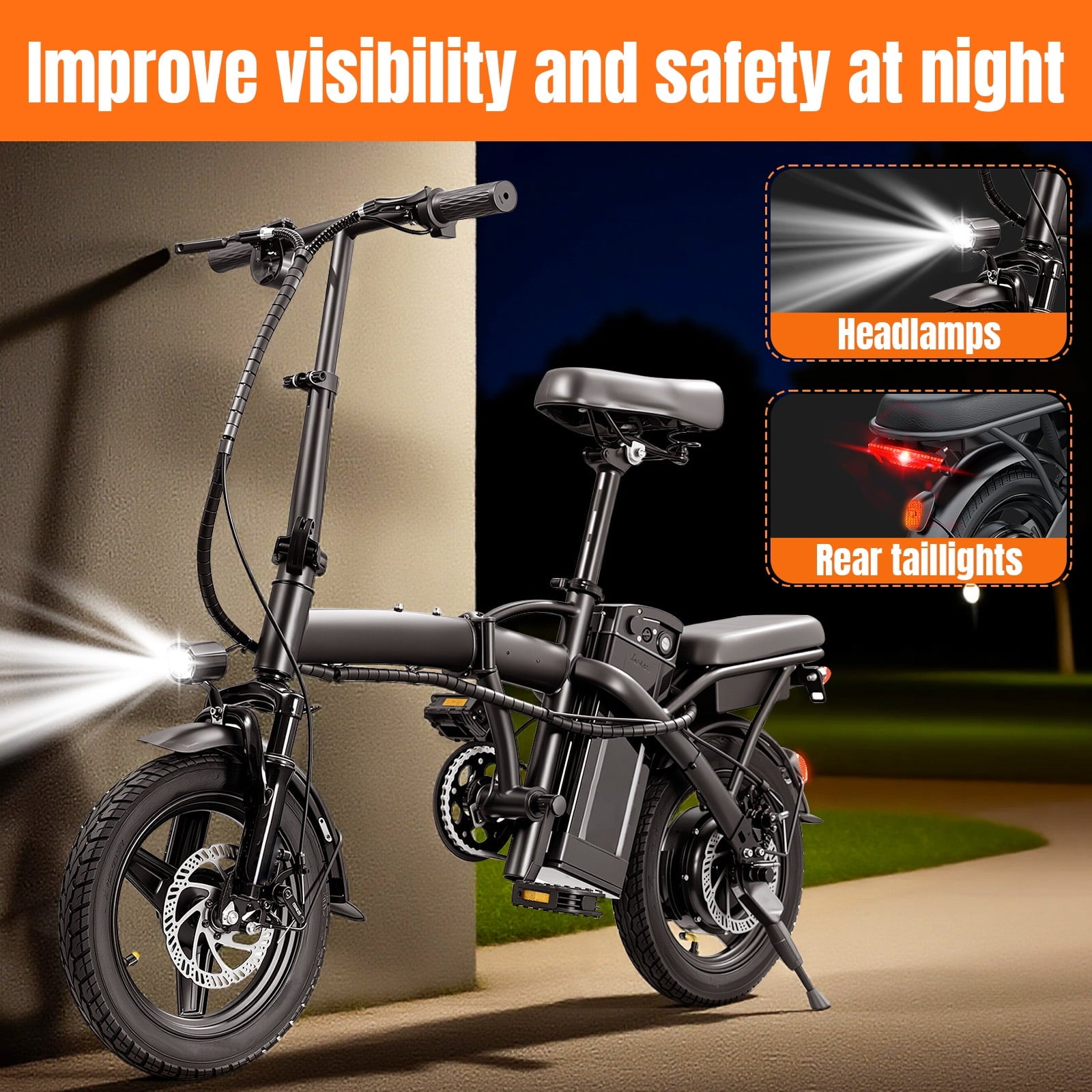 14 Inch Foldable Adult Electric Bicycle, 48V 10Ah 400W Motor, 3-Speed Gearing, Dual Spring Shock Absorbers, Front and Rear Led Safety Lights, Portable Design Electric Bikes