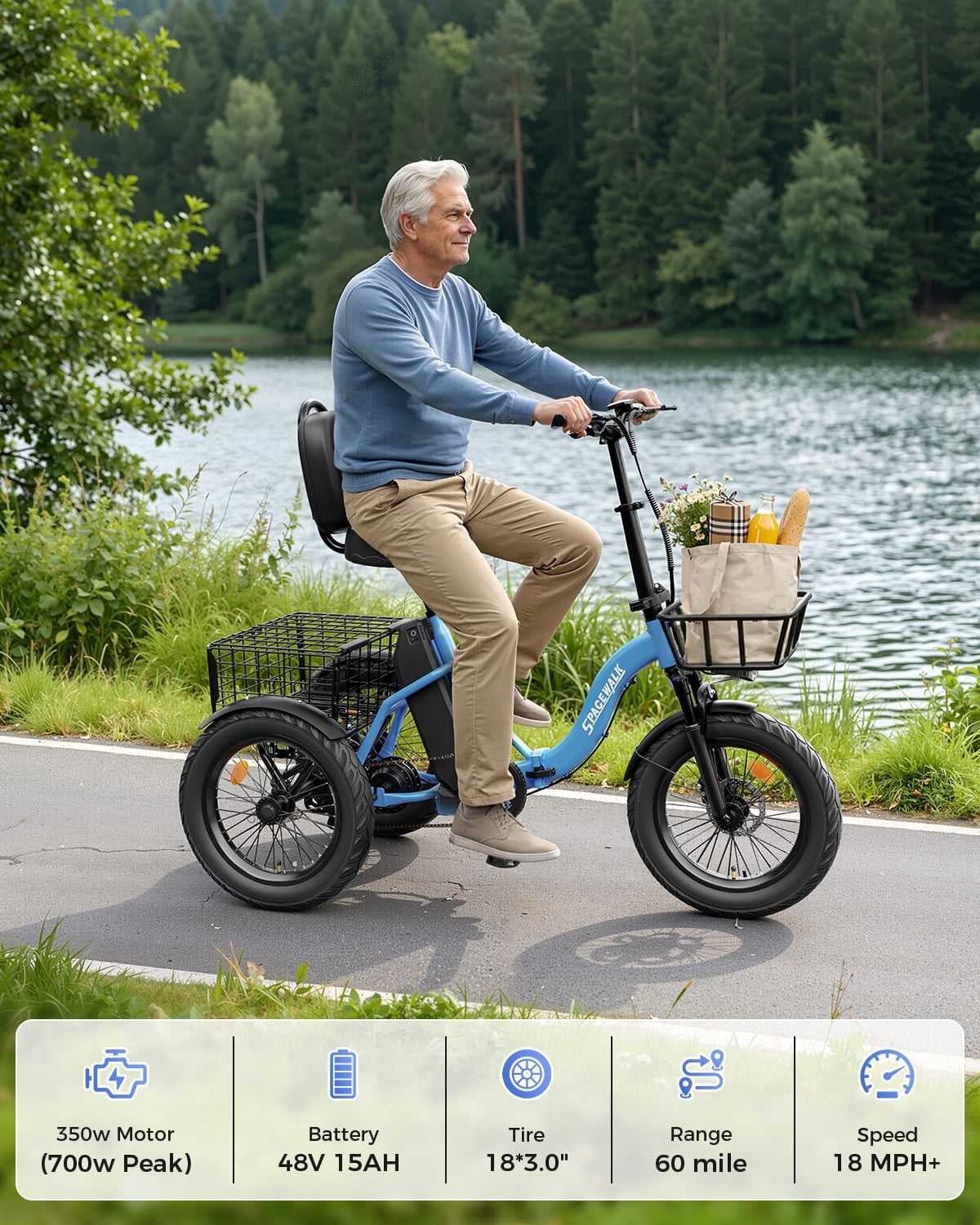 SPACEWALK Adult 3 Wheel Electric Tricycle, 18×3.0 Fat Tires, 48V 15AH battery 700W Peak Motor Up to 60 Miles Range, 18 MPH Adjustable Backrest Electric Bikes Electric Bikes