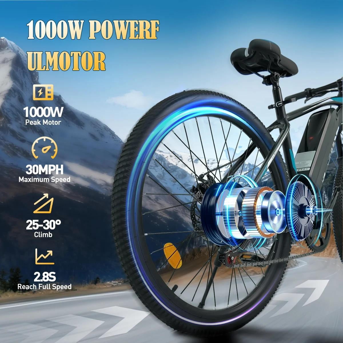 Electric Bicycle for Adults, 750W Peak 1000W Motor E Mountain Bike, 26in 45Miles 25MPH 7 Speed Commuting ebike with 432Wh, UL 2849 Electric Bikes