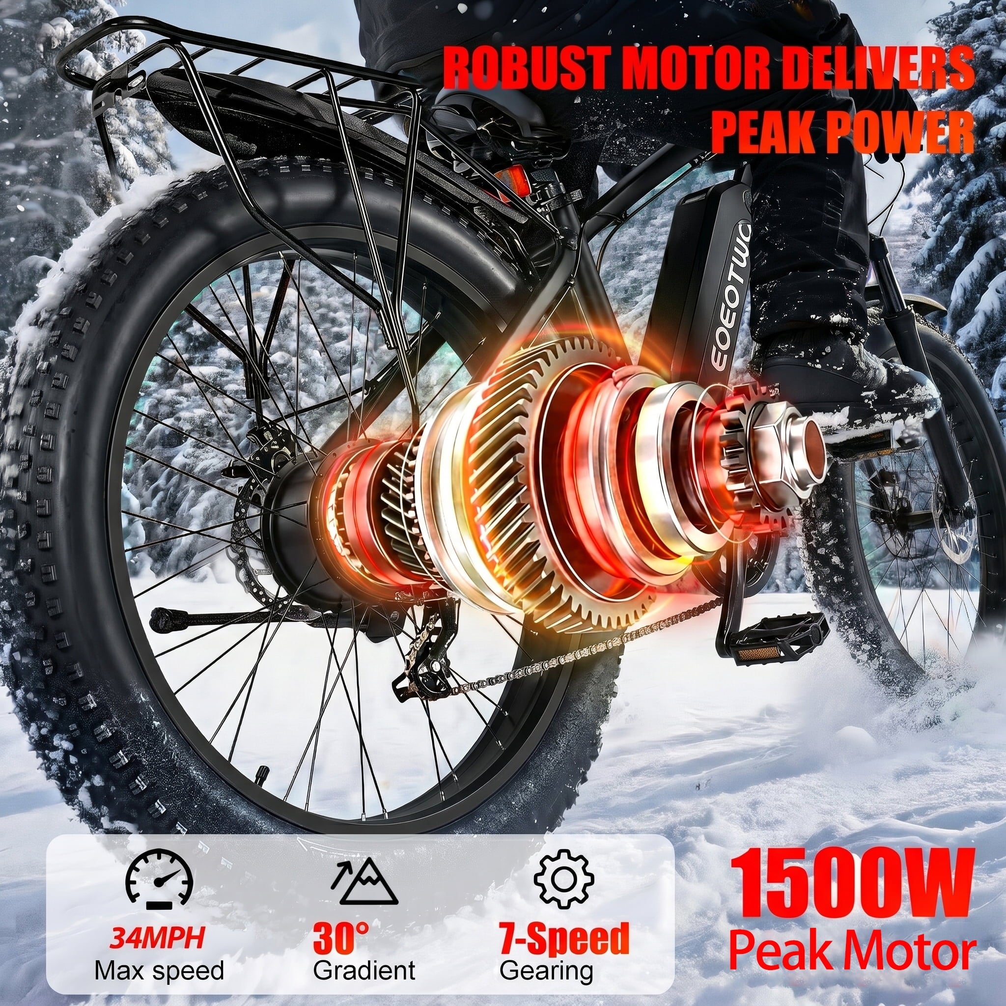 EOEOTWO 26 Fat Tire Electric Bike for Adults 1500W Peak Motor, 48V 15Ah Removable Battery, 34 MPH Fast E-Bike with 60-Mile Range, All-Terrain Mountain Bicycle with Front Suspension, UL2849 Certified Electric Bikes
