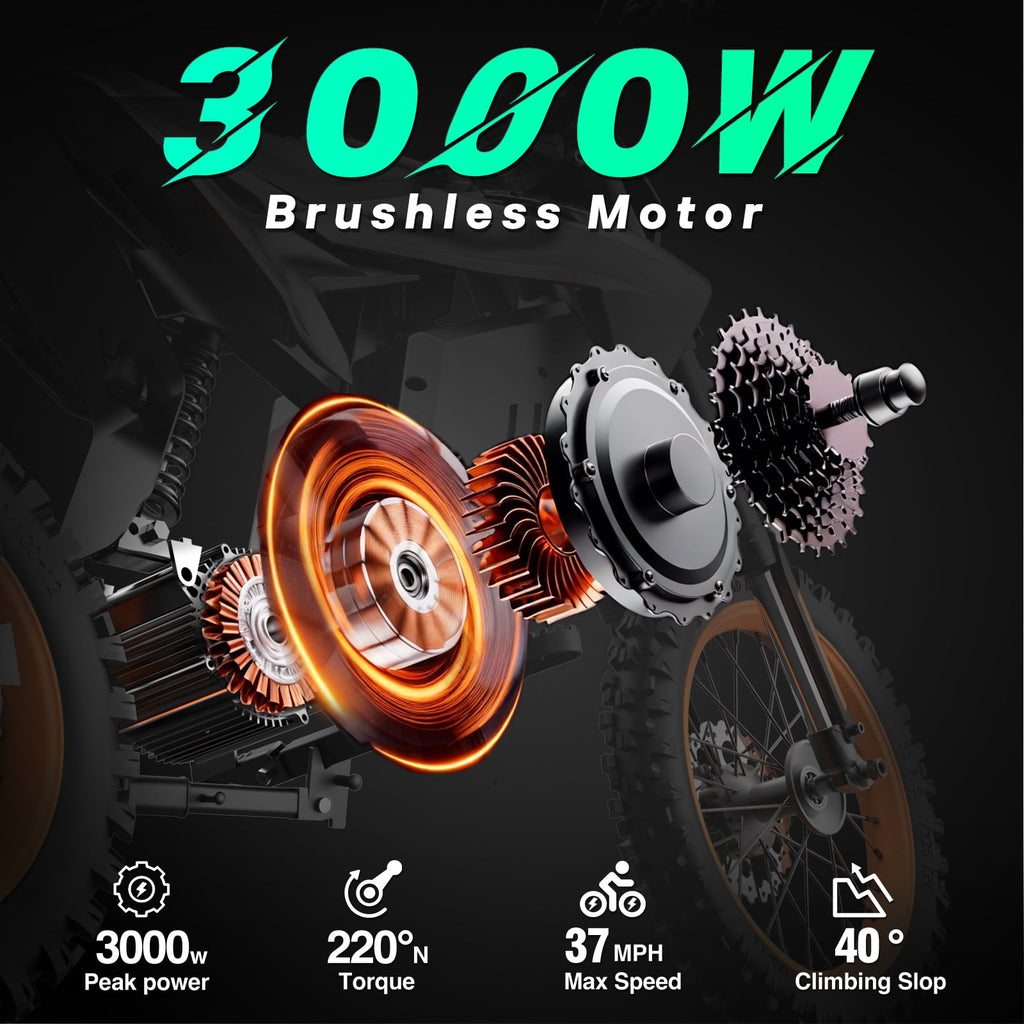 Peak 3000W Off-Road Electric Motorcycle, 60 Miles Long RangeElectric Dirt Bike, 48V 25Ah Battery, 14 Fat Tire Trail Bike for Adults Tested Under UL2849 Electric Bikes