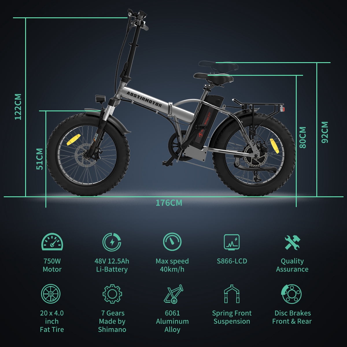 Aostirmotor Folding Electric Bike 20 inch Fat Tire , with 750W Motor, 48V 12.5AH Removable Lithium Battery,Ebikes for Adults UL2849 Electric Bikes