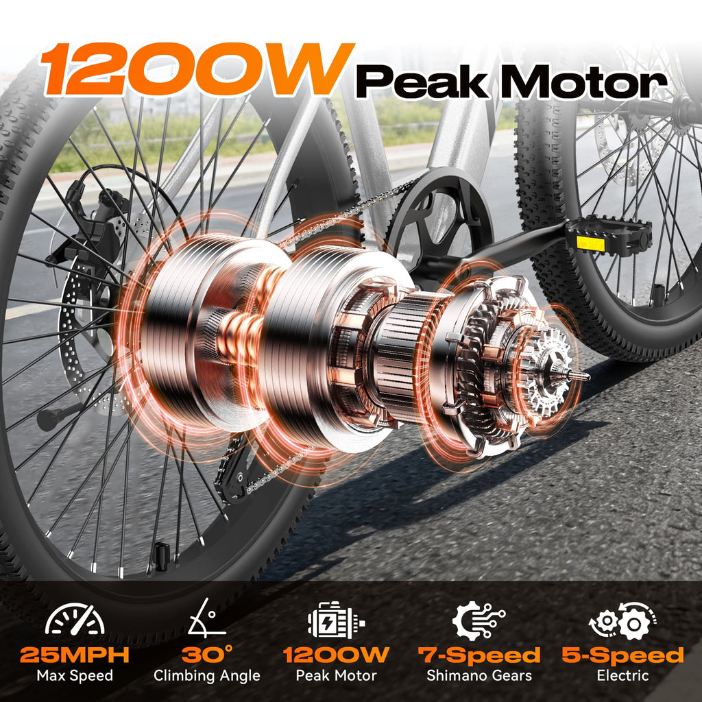 X-koala 26 Electric Bike for Adults & Teens, 1200W Peak Motor, 25 MPH, 48V Internal Battery, UL 2849 Certified IPX7 Waterproof Ebike, 7-Speed Electric Mountain Bike with Saddle Suspension Electric Bikes