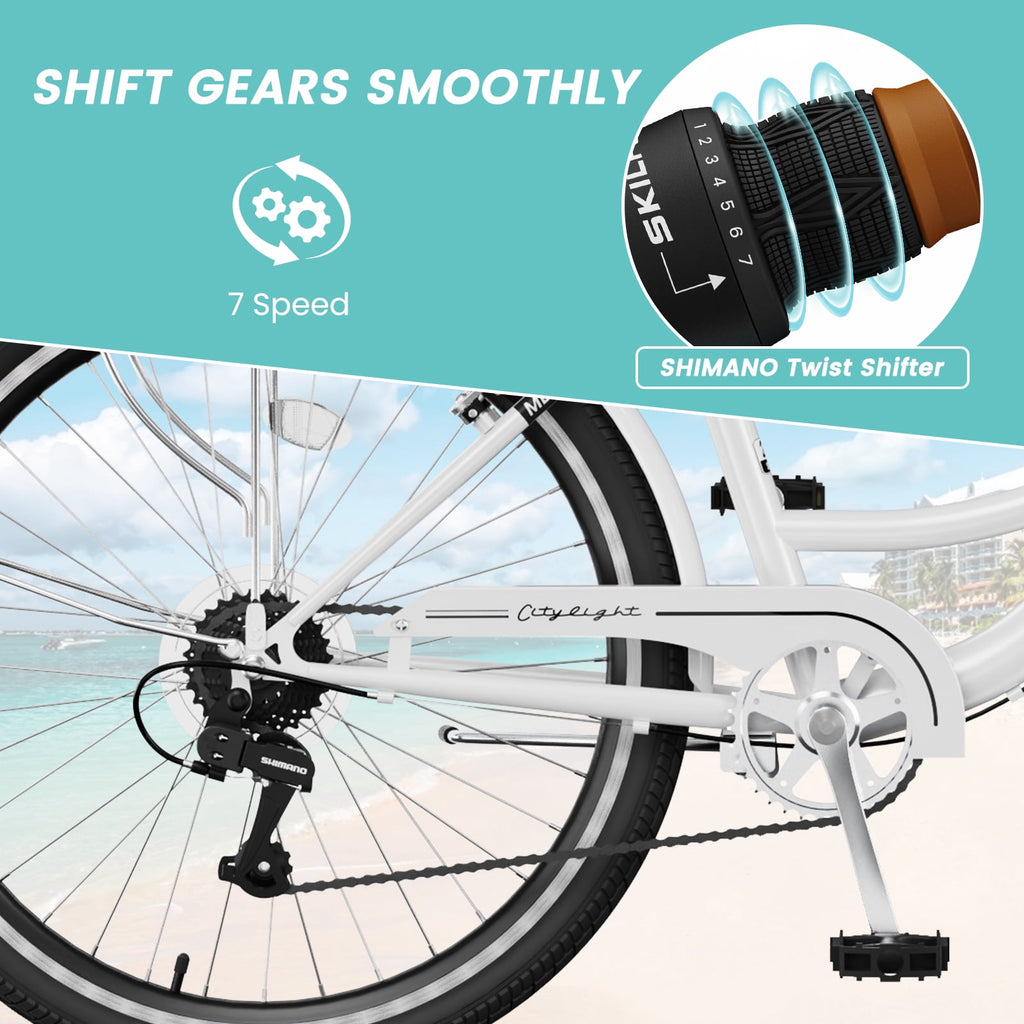 MOONCOOL 24/26 Inch Cruiser Bike for Women, 7 Speed Step-Through Bicycle with Basket, Rear Rack & Lock, Retro City Bike for Adults Electric Bikes