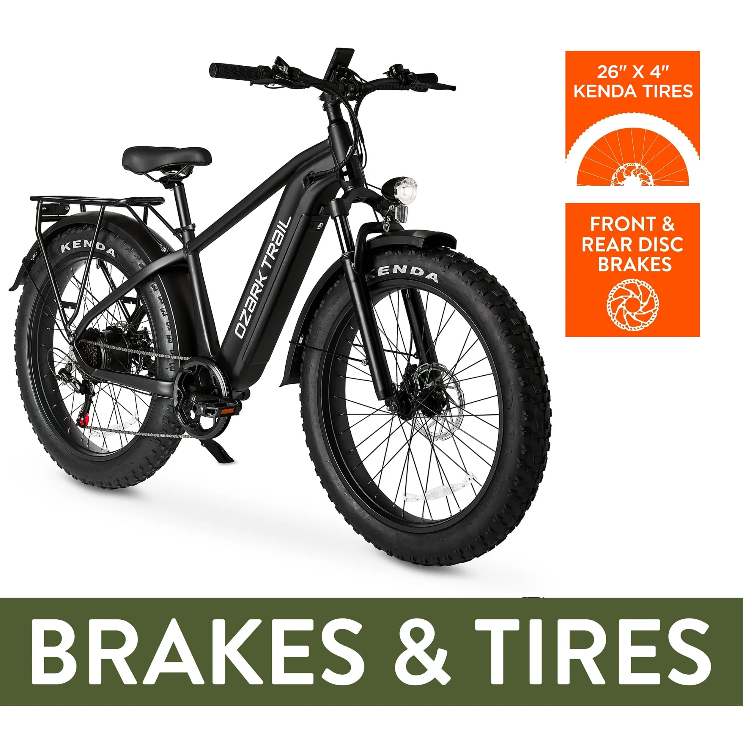 Ozark Trail 26 M.3 Ranger+ Electric Fat Tire Bike, 48V, Class 2, Black, Fits Riders 5'2 - 6'1, Adult, Unisex Electric Bikes