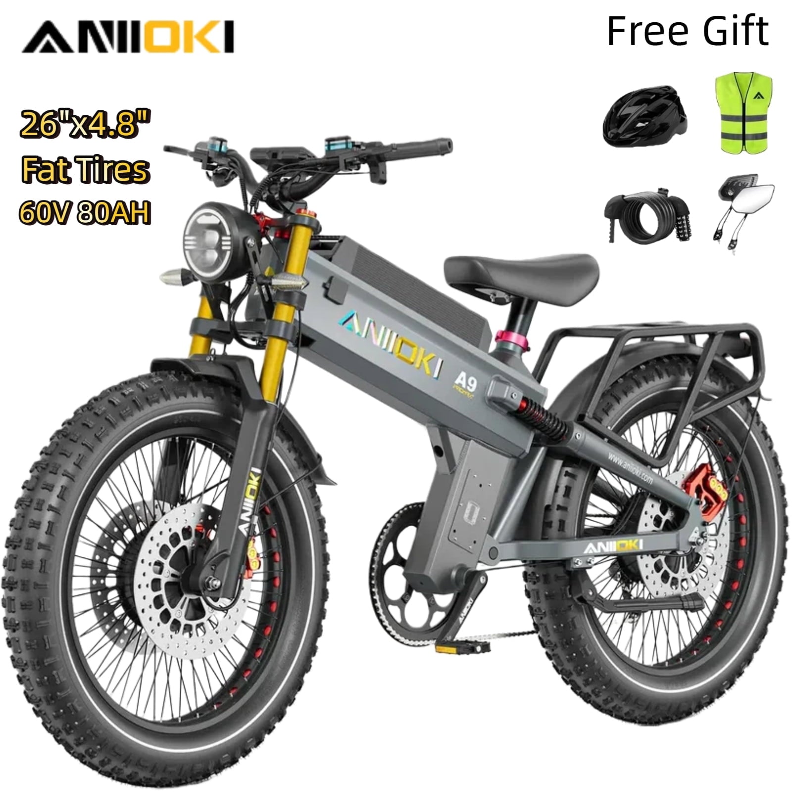 6000W ANIIOKI A9 Pro Max Electric Off-Road Bike for Adults,Dual Motors,60V 80Ah Battery,45 MPH,26x4.8 Fat Tires,Full Suspension E-Bike Electric Bikes