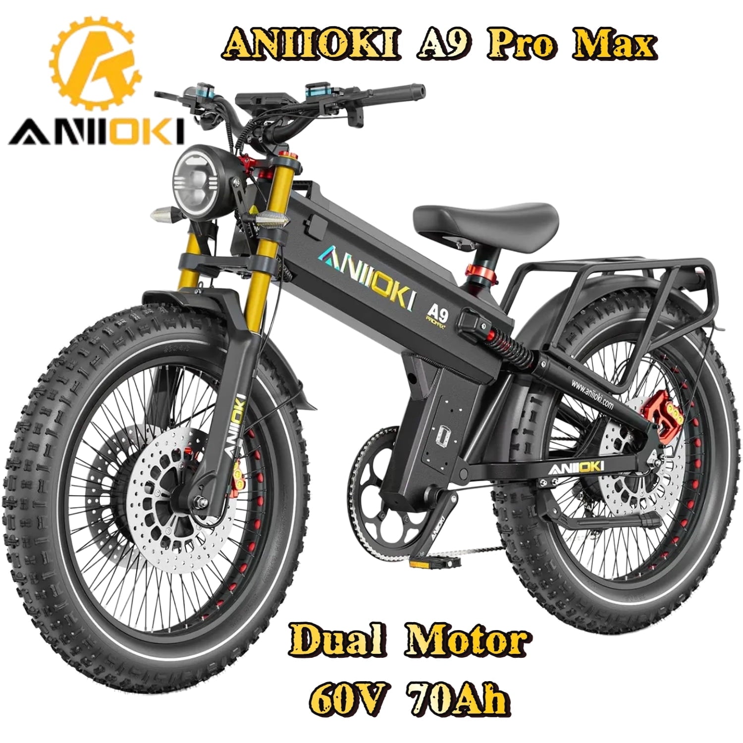 6000W Peak A9 Pro Max Dual Motor Electric Bike for Adults,60V 70Ah Battery,Up to 45 MPH,Up to 230 Miles Range,26x4.8 Fat Tires,Full Suspension Electric Bikes