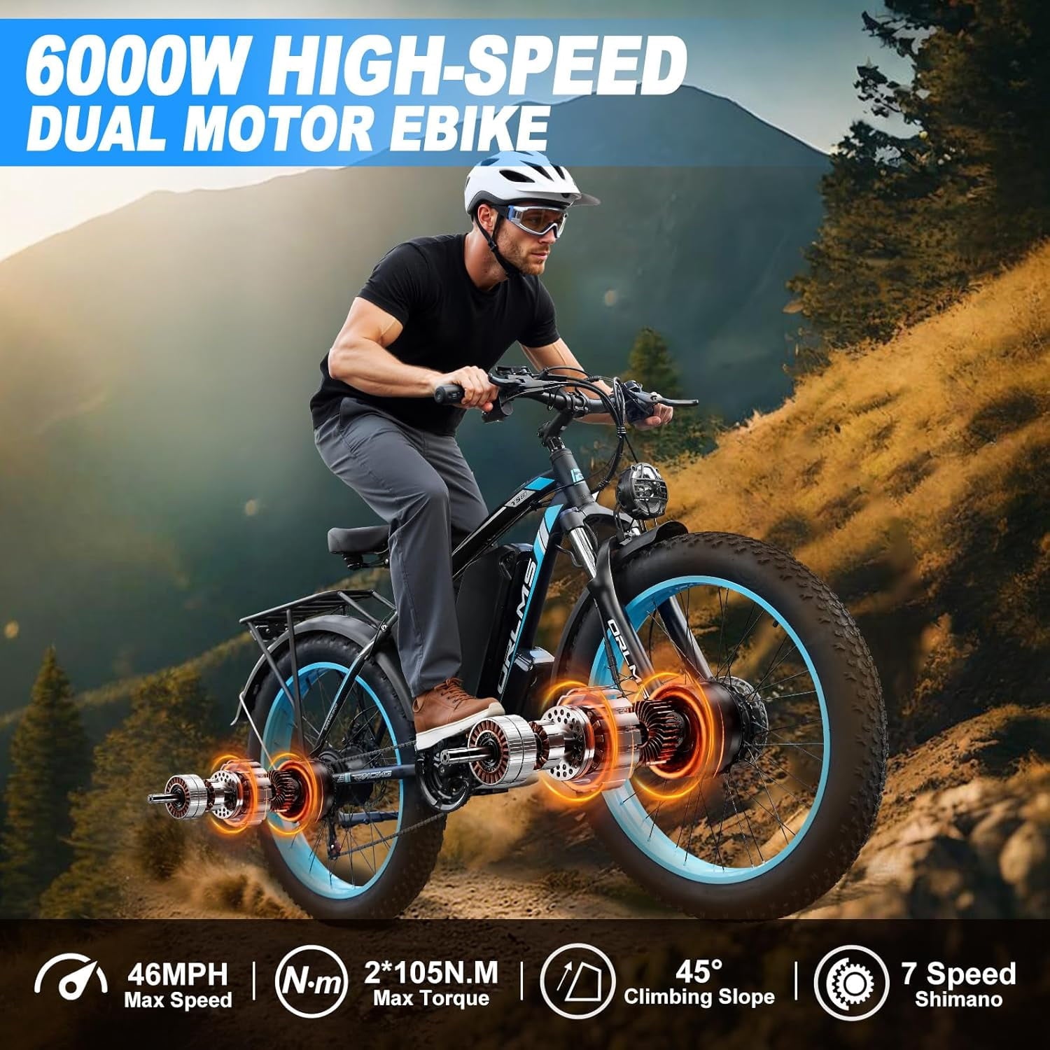 6000W Peak Dual Motor Fast Ebike Up to 40-45MPH, 60V 25AH Large Battery Adult Electric Mountain Bike, 26 Inch Fat Tire All Terrain Off Road E Bike with Shimano 21 Speed Hydraulic Disc Brake Electric Bikes