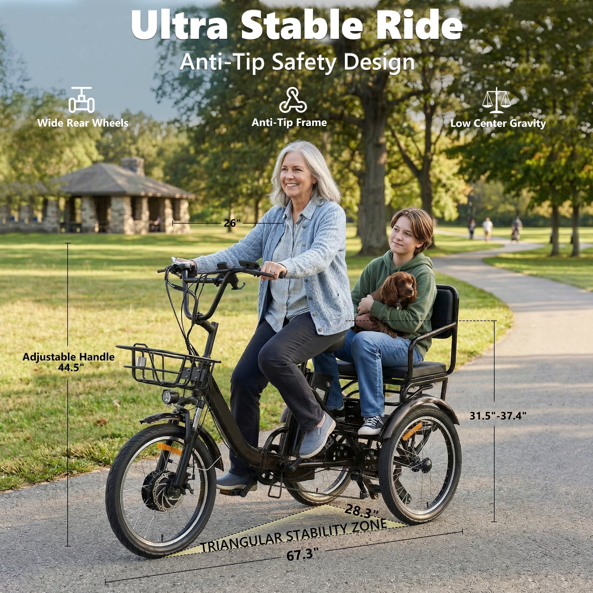 2-Seater Electric Tricycle for Adults Folding Electric Trike 3 Wheel Electric Trike with Two-Seater Large Basket Super Powerful Brushless 48V15AH Lithium Battery Max 20MPH E-Tricycle Black Electric Bikes