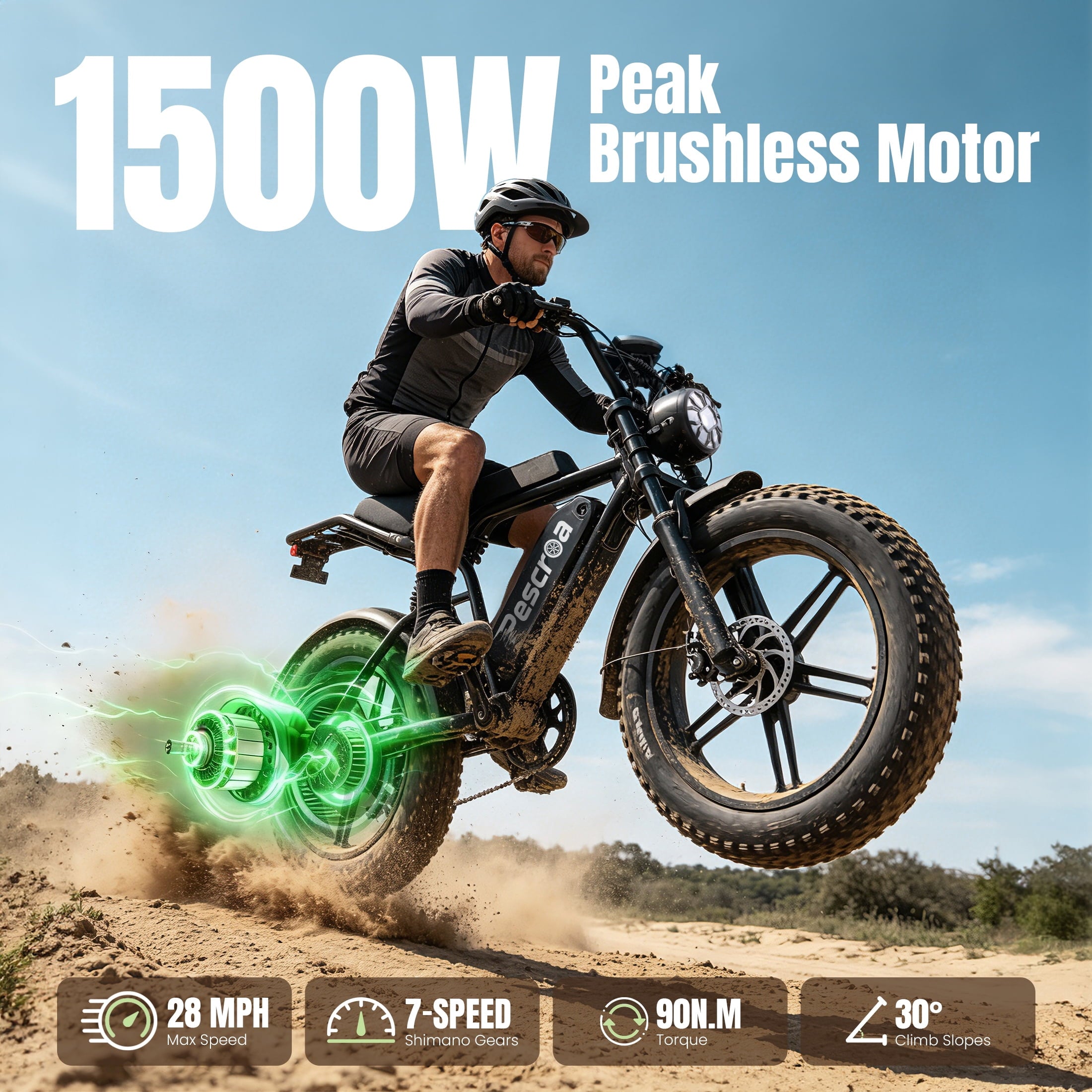 Pescroa Electric Bike for Adults, 1500W Peak Motor E Bike with 48V 15Ah Removable Battery, E-Bike with 7 Speeds, Ebikes with 28MPH Max Speed, Adult Electric Bicycles with 70-100 Miles Max Range Electric Bikes