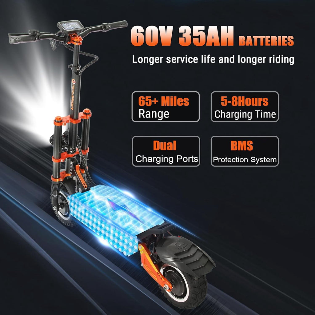 Adults Electric Scooter 6000W Dual Motor Up to 58 mph, 60 Miles Range, 60V35Ah Battery, C-Type Dual Suspensions 11 All Terrain Tires Adjustable Handlebar, NFC and Detached Seat, Foldable, Sport Electric Bikes