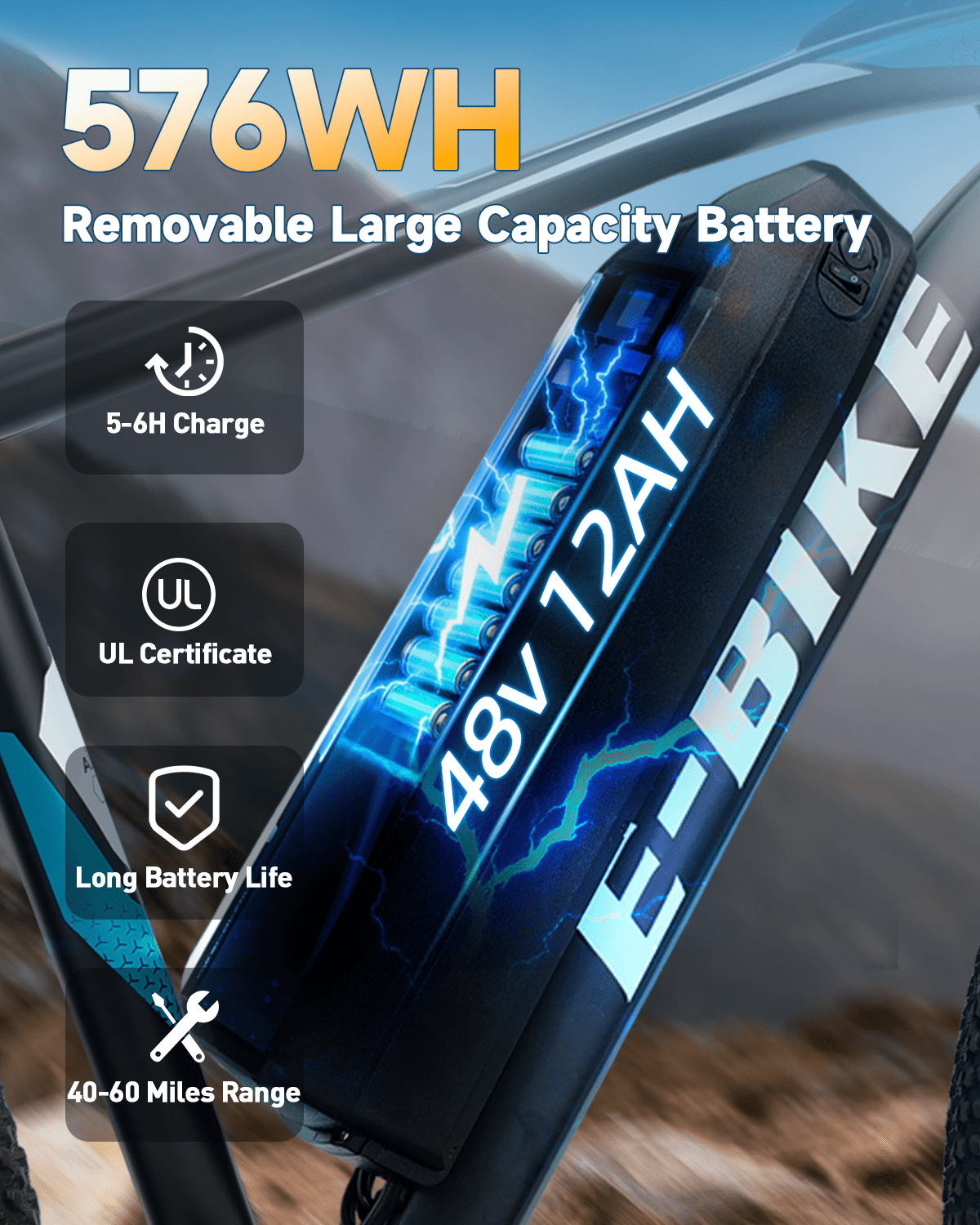 XKJ Electric Bike for Adults, 26”Electric Mountain Bike 576Wh Internal Battery & LCD Display,750W (Peak) Motor,7-Speed, Lightweight Ebike for Teens,40 Miles, Full Suspension,UL2849 Electric Bikes