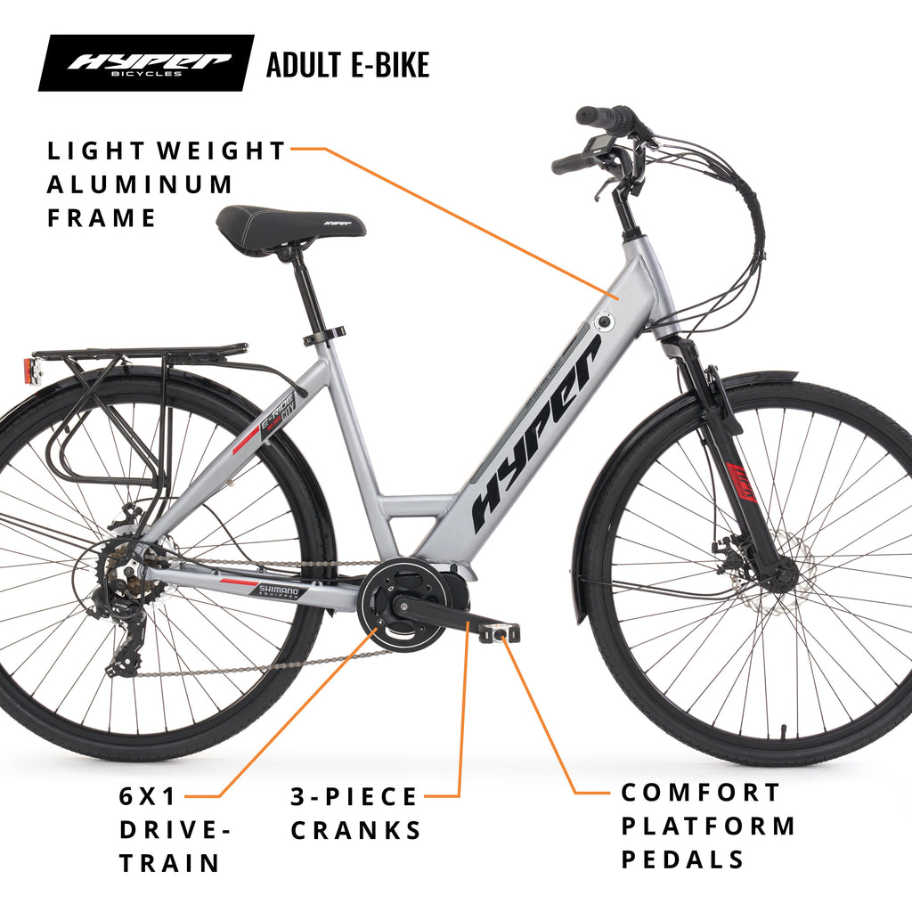 Hyper Bicycles 36V 700C Electric Commuter E-Bike, Adult Ages 13+, 250W Motor, Matte Gray Electric Bikes