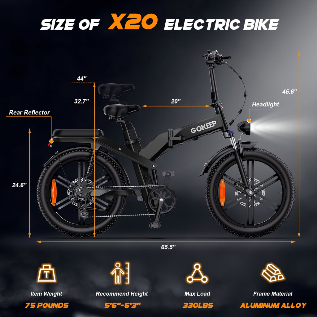 GOKEEP X20 Electric Bike for Adults, 750W Motor Electric Bicycle with 48V 21.3AH Removable Li Dual Battery, 20 x4.0 Fat Tire Folding Electric Dirt Bike, E-Mountain Bike, UL2849, Black Electric Bikes