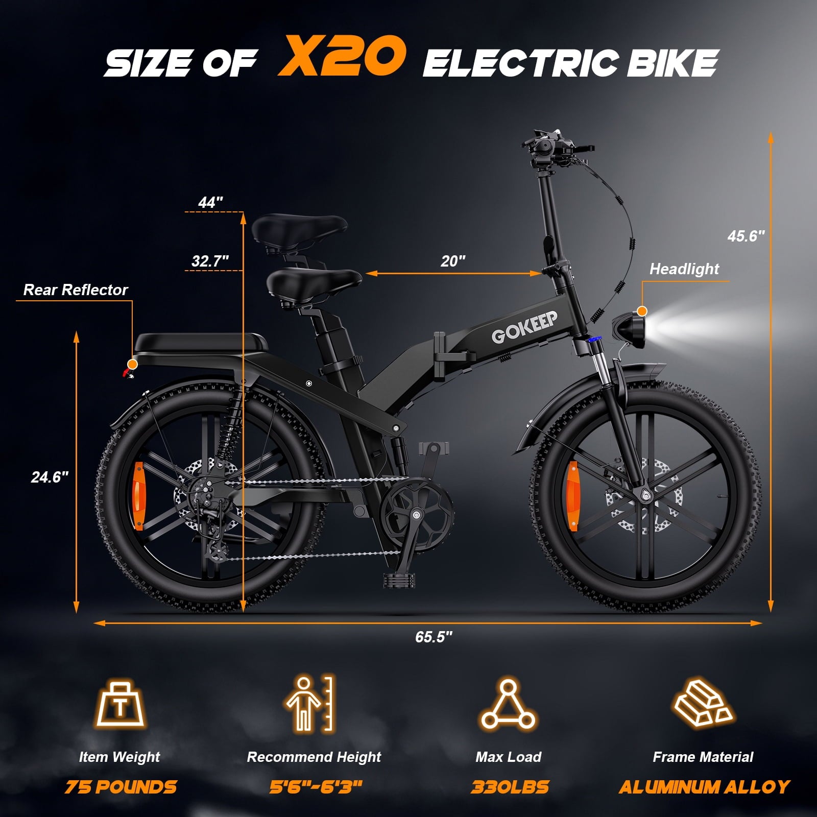 GOKEEP X20 Electric Bike for Adults, 750W Motor Electric Bicycle with 48V 21.3AH Removable Li Dual Battery, 20 x4.0 Fat Tire Folding Electric Dirt Bike, E-Mountain Bike, UL2849, Black Electric Bikes