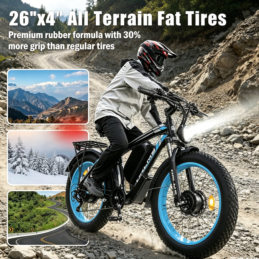 5000W (Peak) Electric-Bike, 60V 25AH Battery Electric Bike for Adults, Dual-Motor-Ebike 45MPH Ebike, 26*4.0 Fat Tire Ebike, AWD 21-Speed E-Mountain Bicycle for Off-Road Snow Sand UL 2849 Electric Bikes