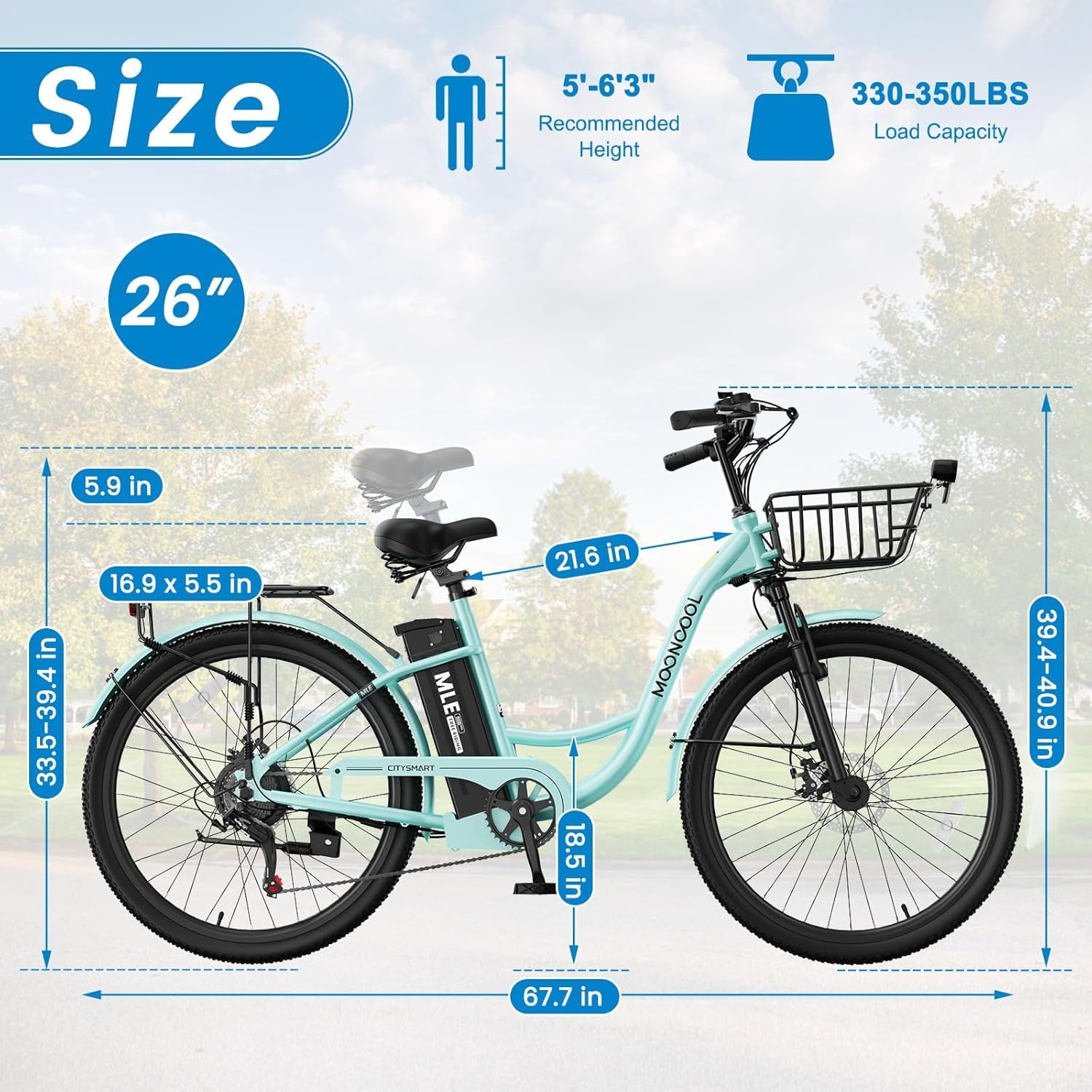 MOONCOOL Electric Bicycle for Adults 350W , 7-Speed Ebike with 36V 10.4Ah Removable Battery， 40 Miles Range , 20 mph Electric Commuter Bike for Women Men Electric Bikes