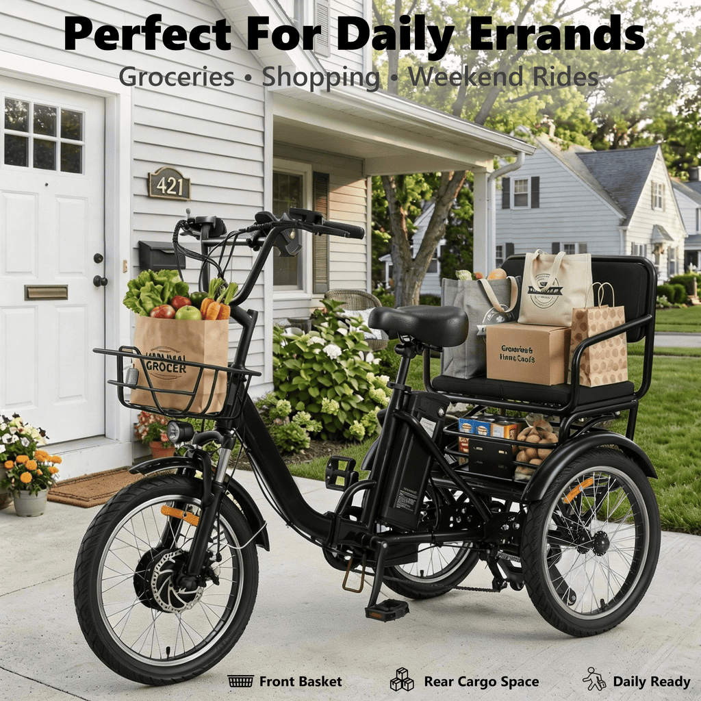 2-Seater Electric Tricycle for Adults Folding Electric Trike 3 Wheel Electric Trike with Two-Seater Large Basket Super Powerful Brushless 48V15AH Lithium Battery Max 20MPH E-Tricycle Black Electric Bikes